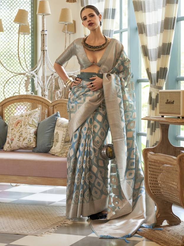 Light Blue Elegant Handloom Organza Woven Bollywood Saree with Unstitched Blouse Piece