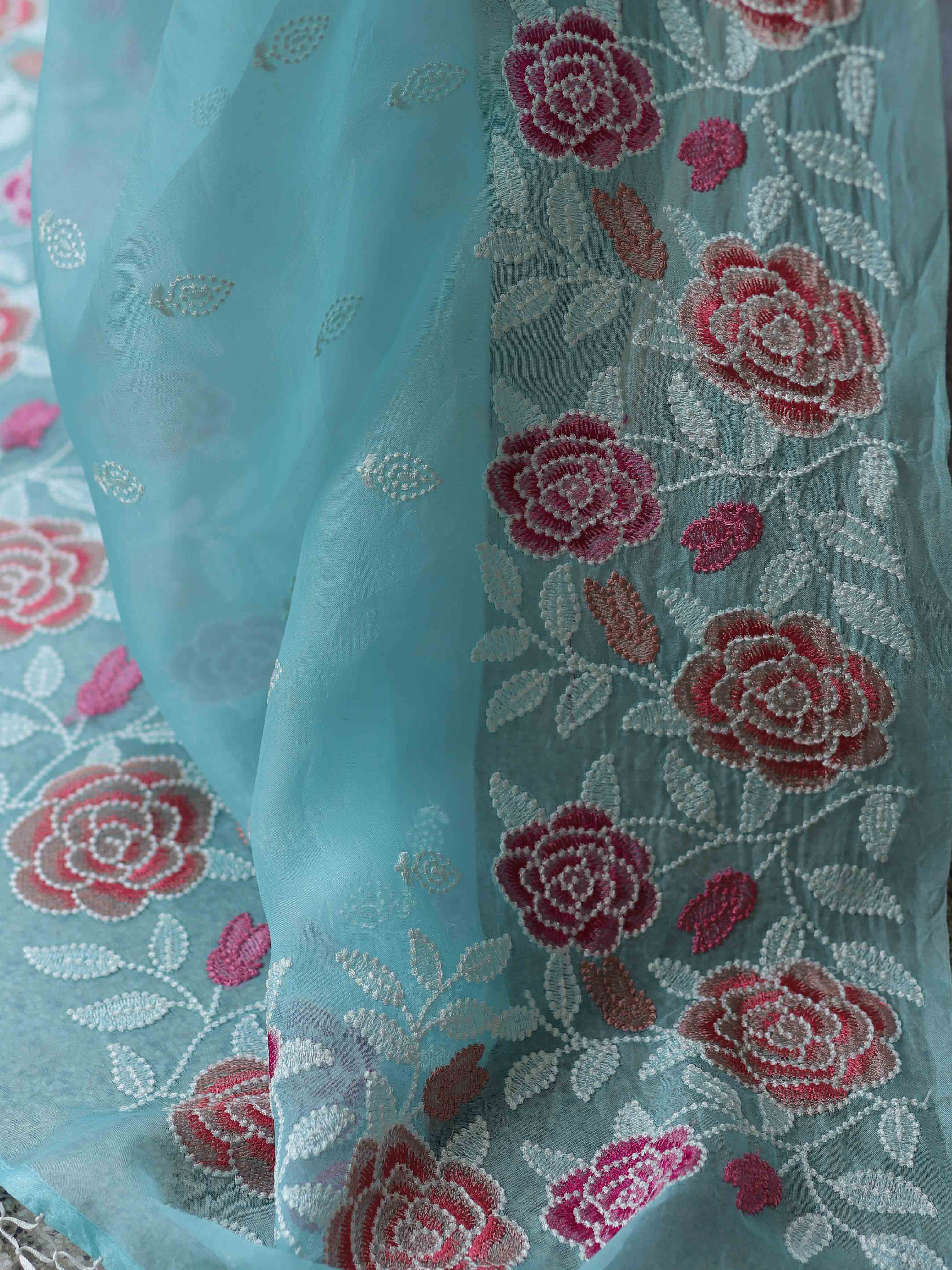 Light Blue Organza Silk Saree with Resham Floral Embroidery