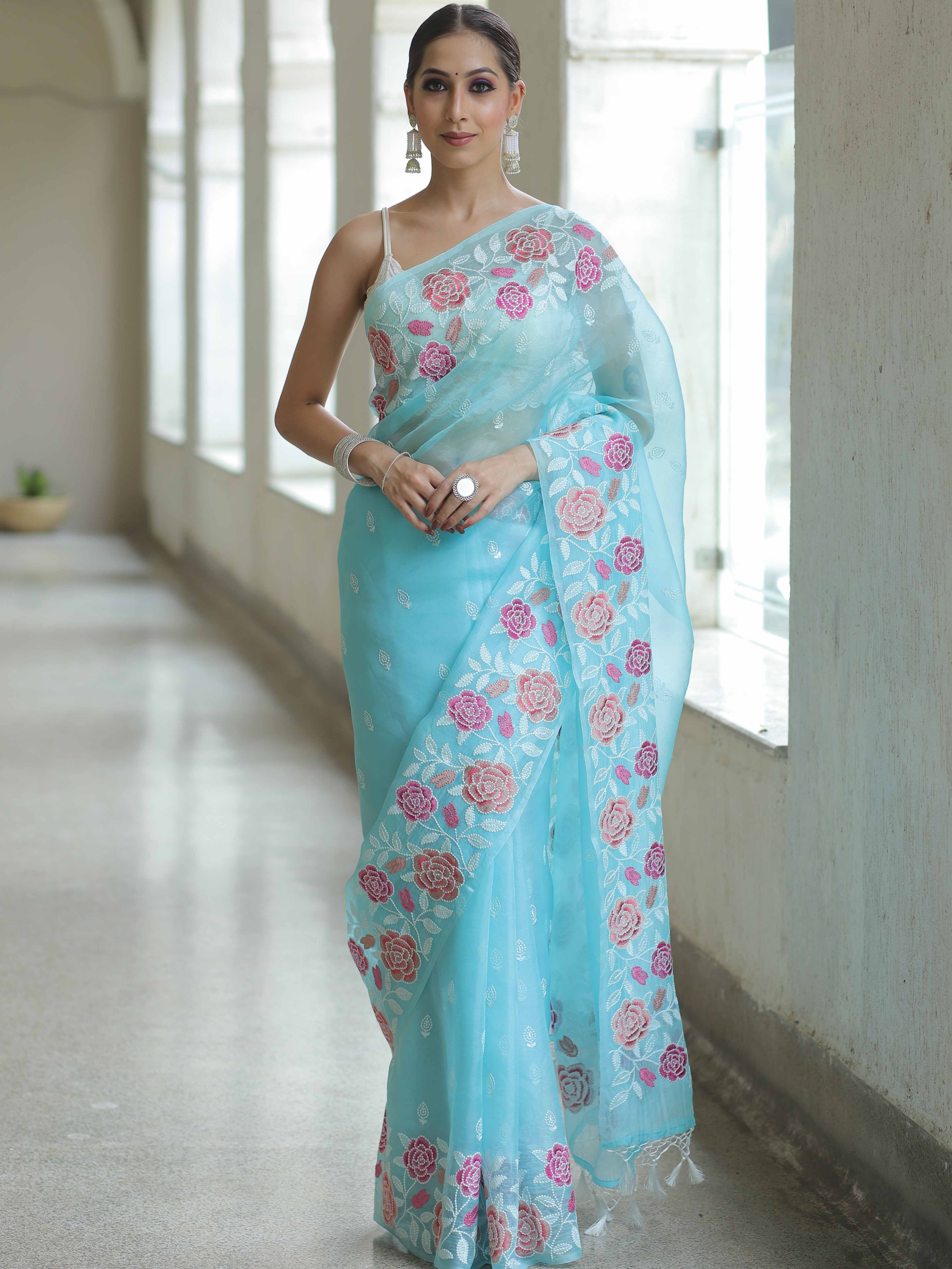 Light Blue Organza Silk Saree with Resham Floral Embroidery