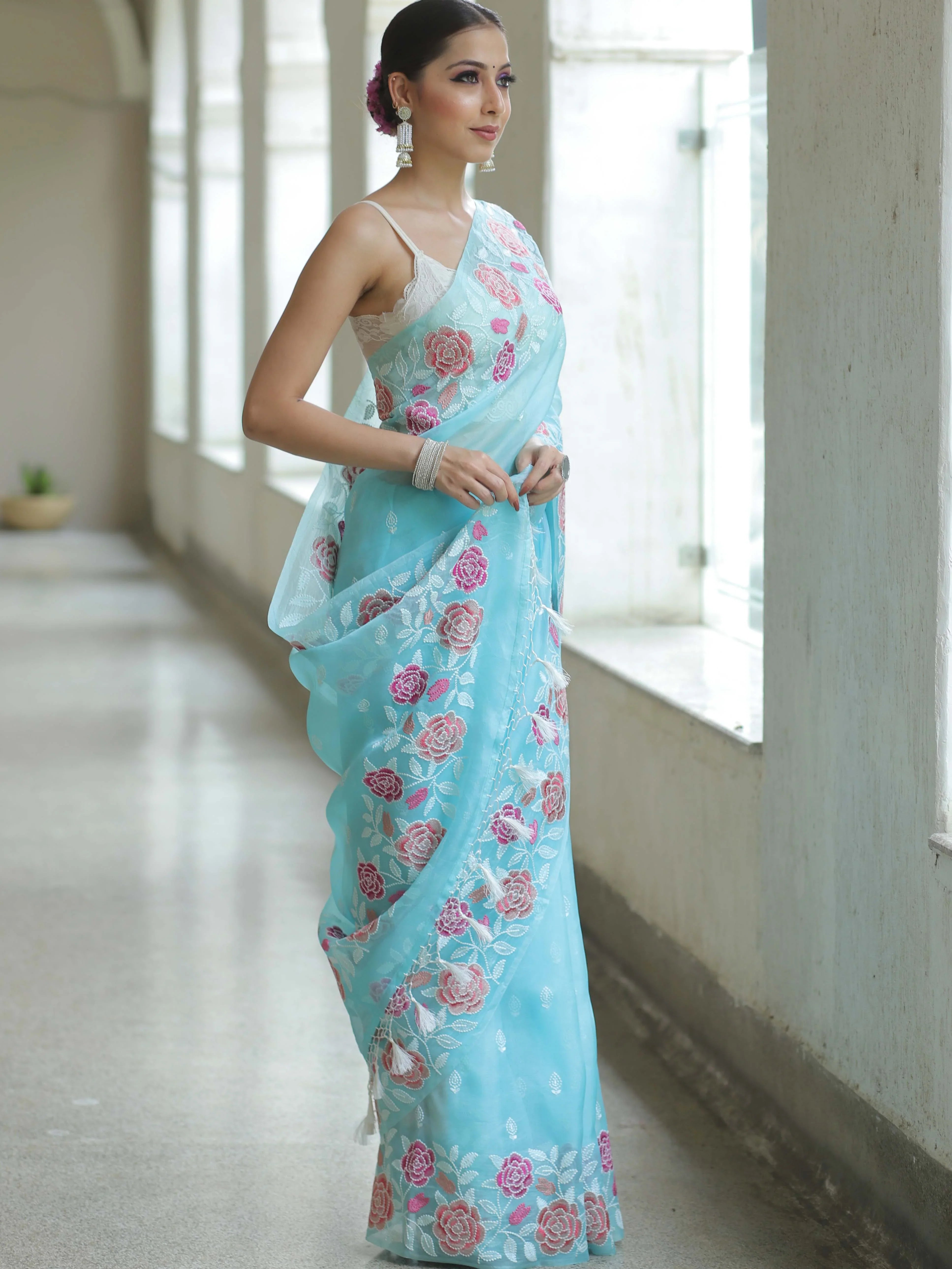 Light Blue Organza Silk Saree with Resham Floral Embroidery
