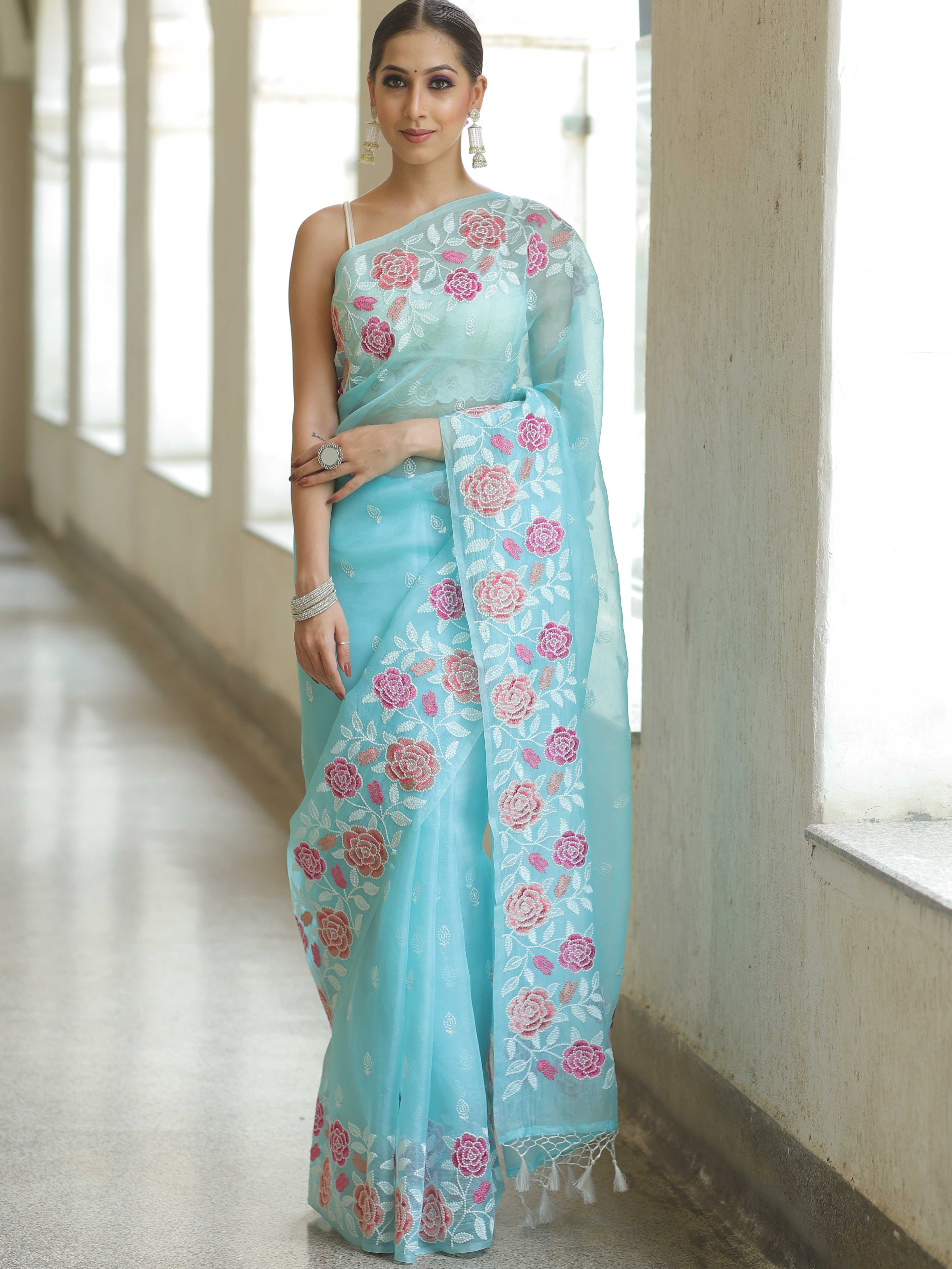Light Blue Organza Silk Saree with Resham Floral Embroidery