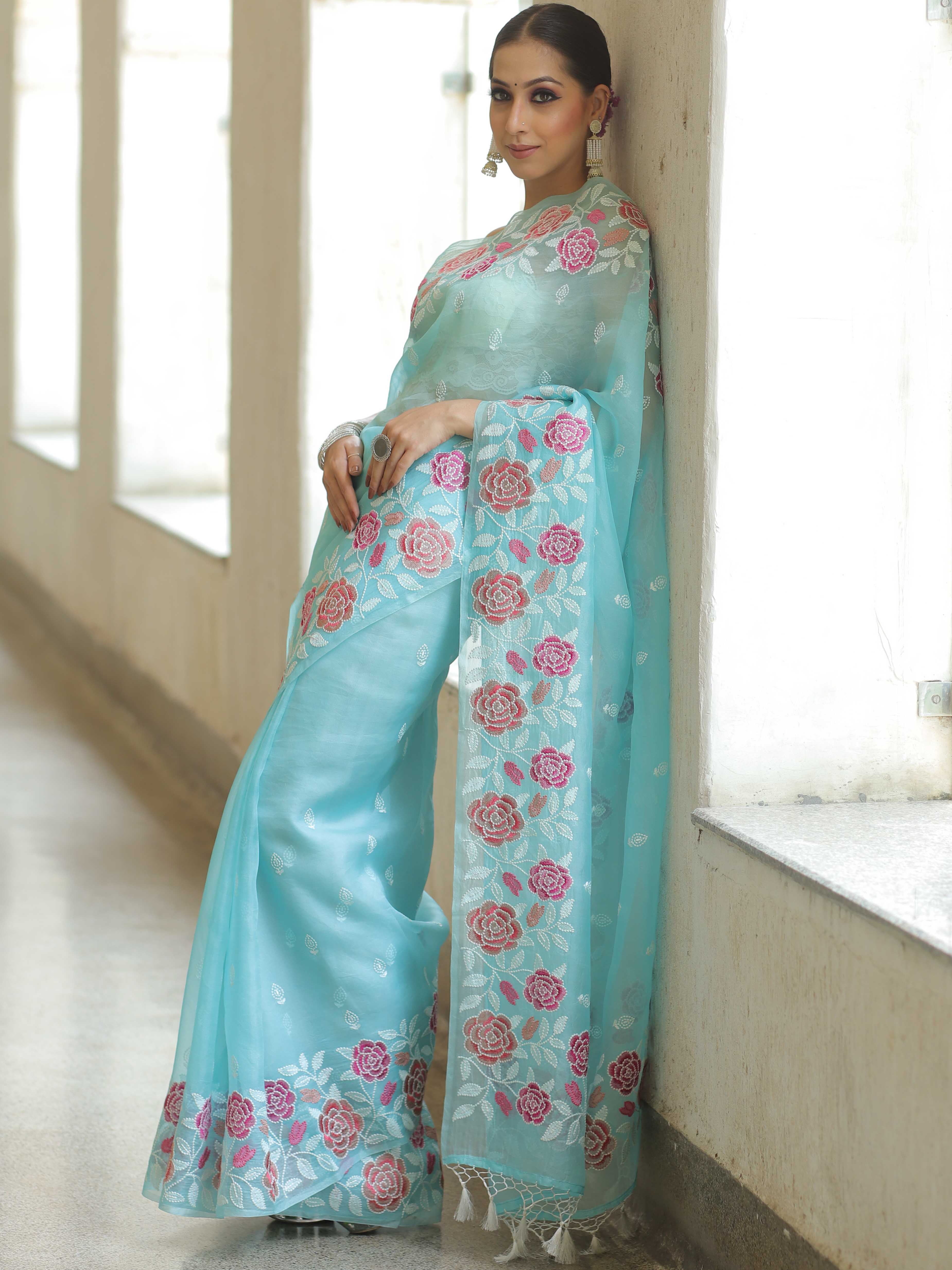 Light Blue Organza Silk Saree with Resham Floral Embroidery