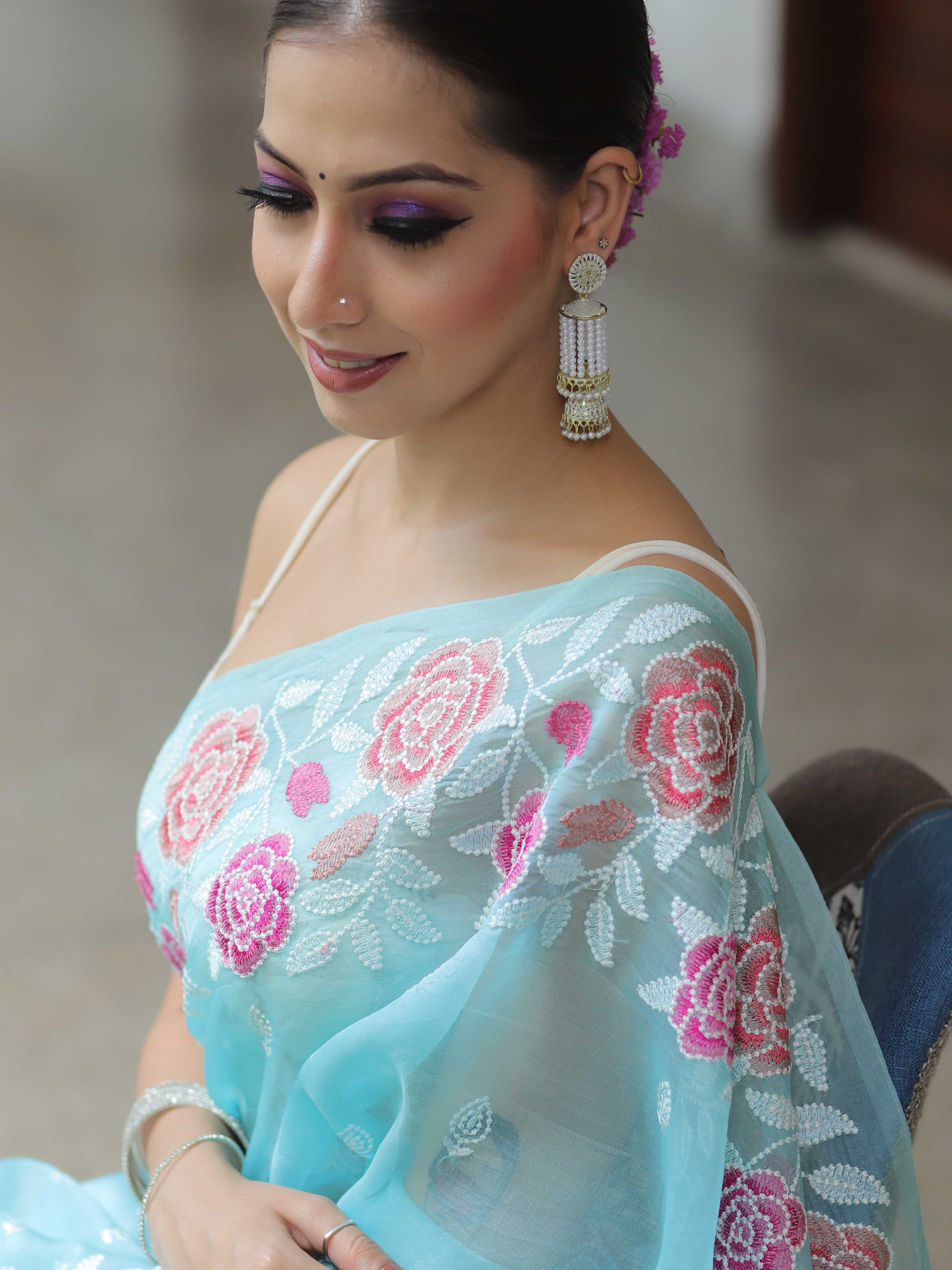 Light Blue Organza Silk Saree with Resham Floral Embroidery