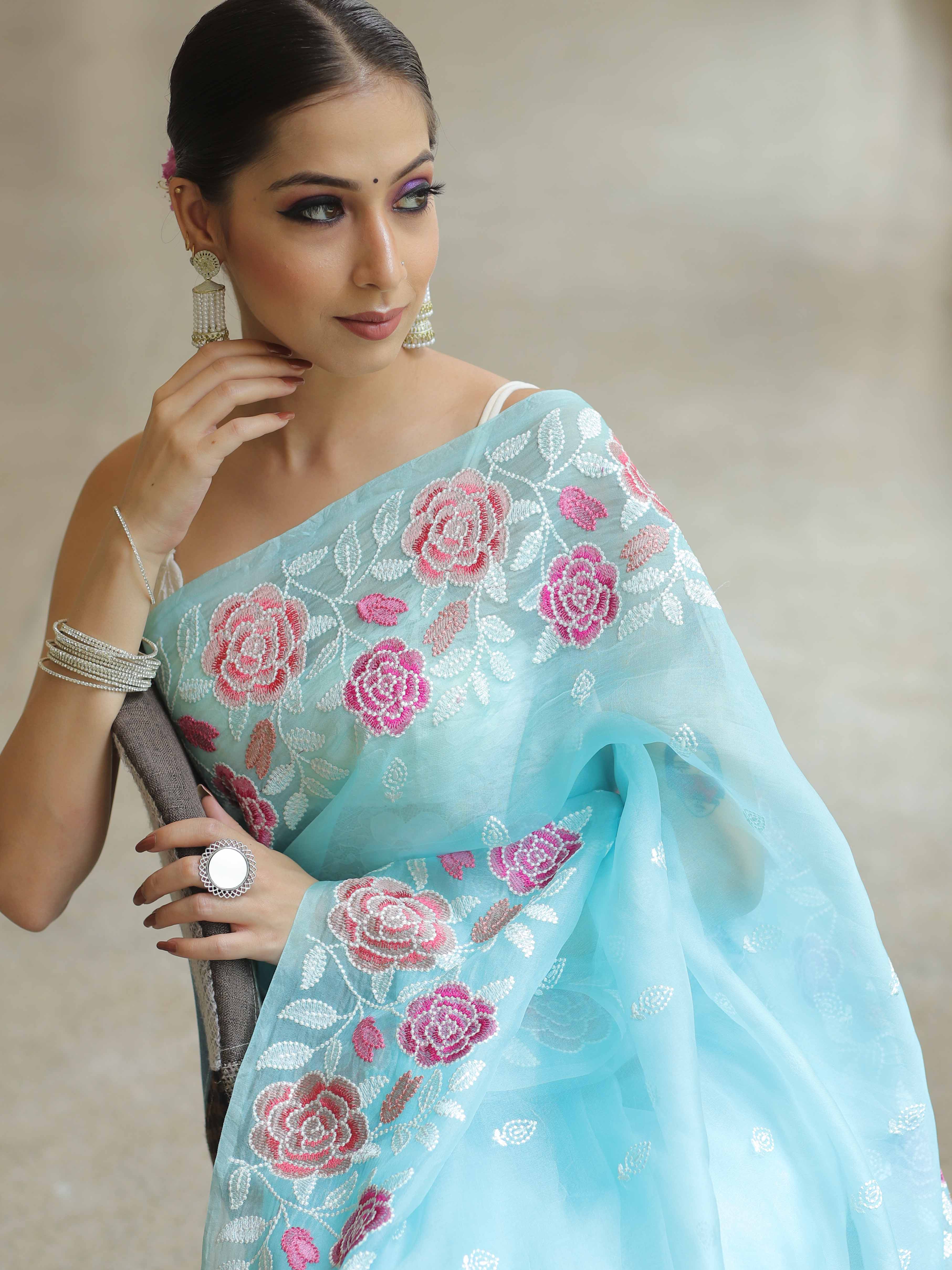 Light Blue Organza Silk Saree with Resham Floral Embroidery