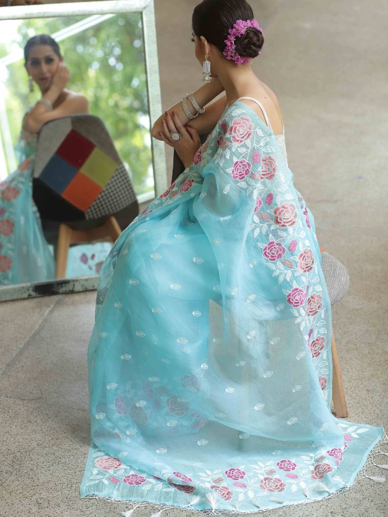 Light Blue Organza Silk Saree with Resham Floral Embroidery