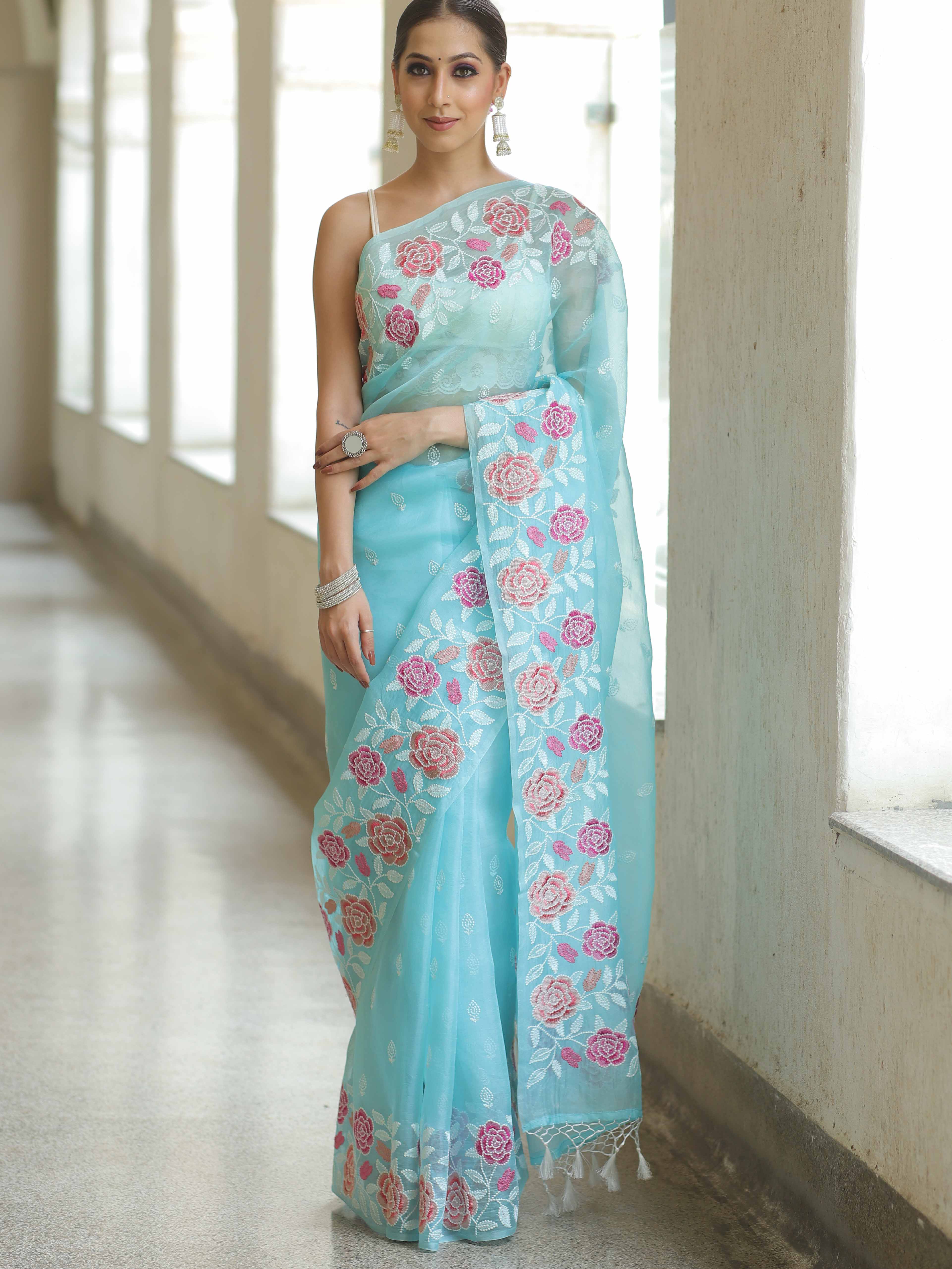 Light Blue Organza Silk Saree with Resham Floral Embroidery
