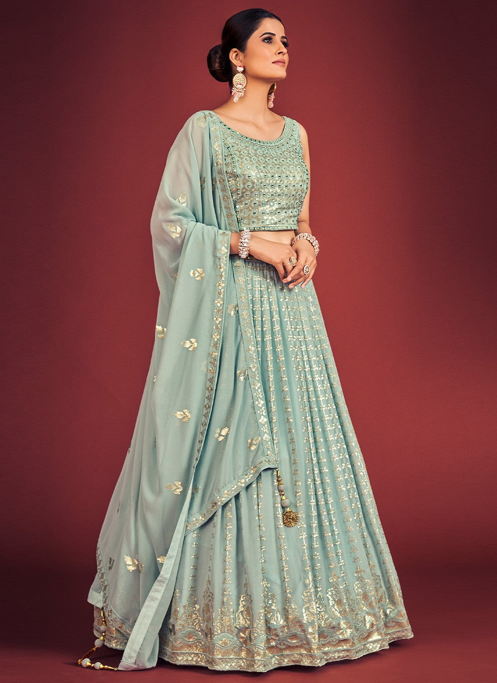 Light Blue Pakistani Georgette Lehenga Choli For Indian Festivals & Weddings - Sequence Embroidery Work, Mirror Work