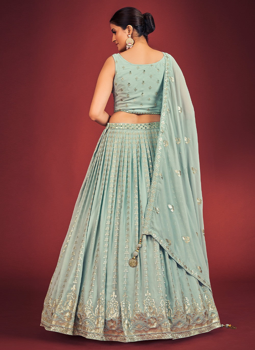Light Blue Pakistani Georgette Lehenga Choli For Indian Festivals & Weddings - Sequence Embroidery Work, Mirror Work
