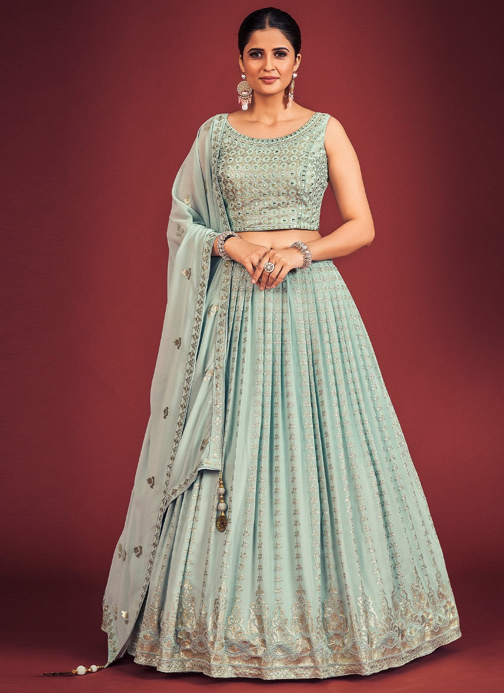 Light Blue Pakistani Georgette Lehenga Choli For Indian Festivals & Weddings - Sequence Embroidery Work, Mirror Work
