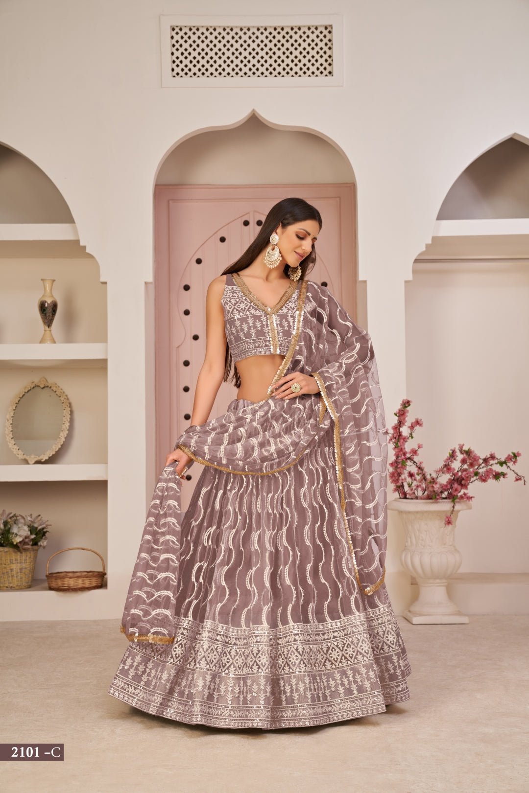Light Brown Butterfly Net Lehenga with White Cotton Thread, Zari, and Sandwich Sequence Embroidery