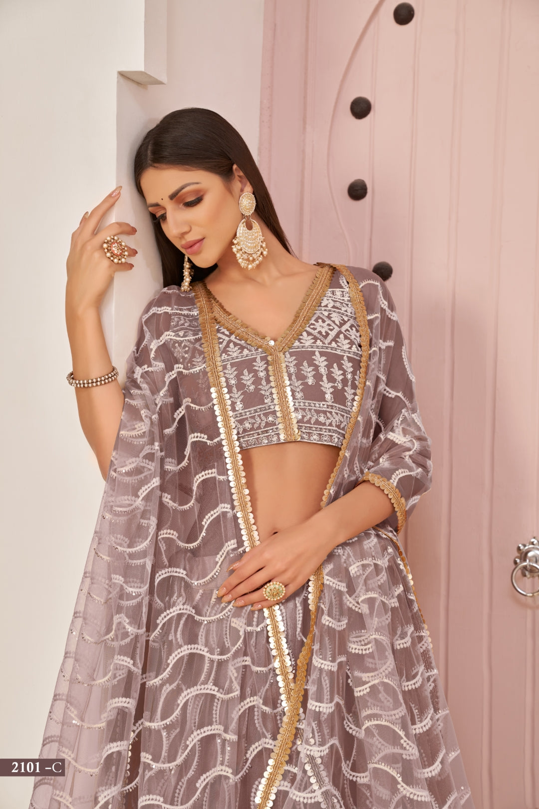 Light Brown Butterfly Net Lehenga with White Cotton Thread, Zari, and Sandwich Sequence Embroidery