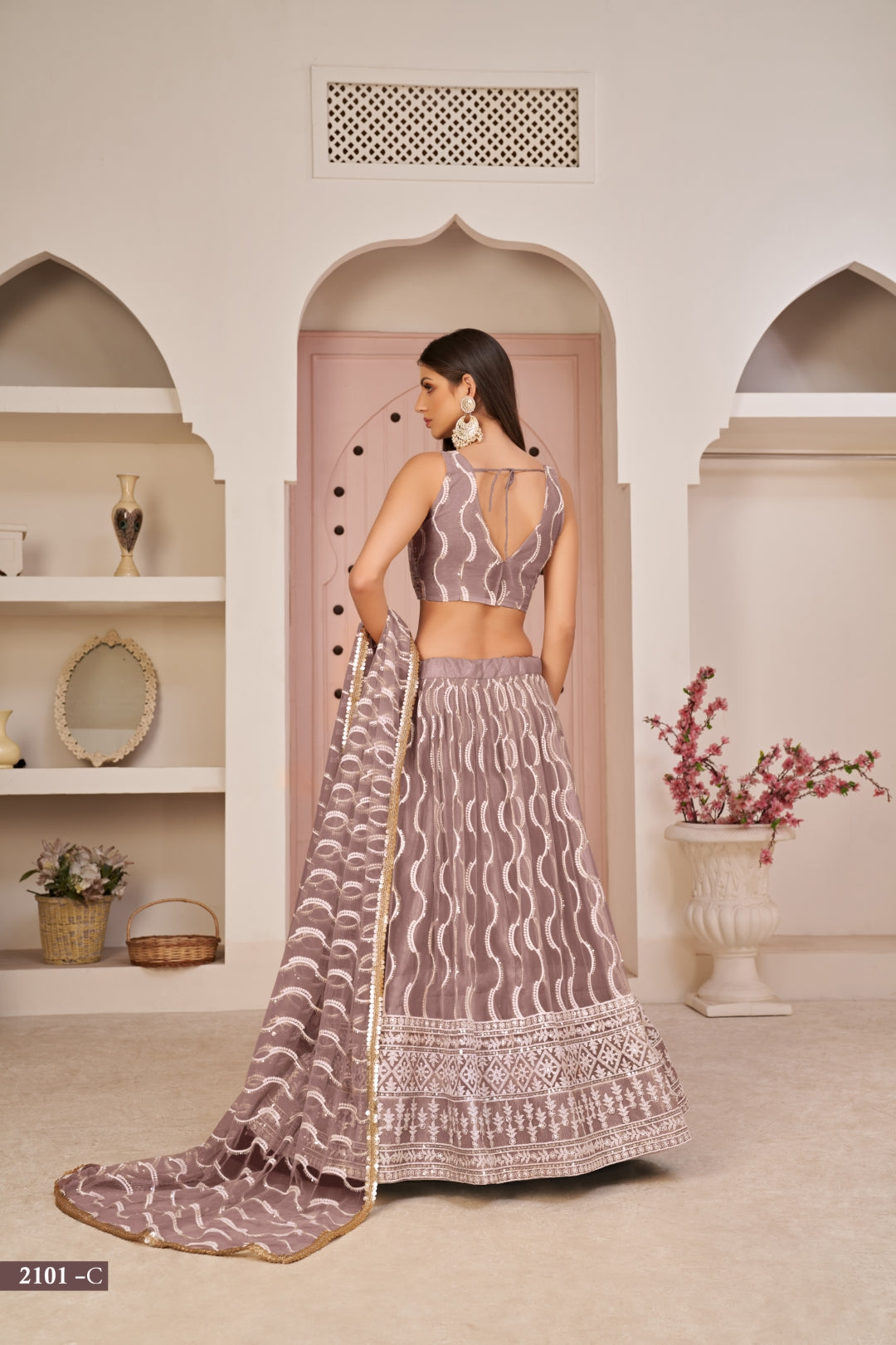Light Brown Butterfly Net Lehenga with White Cotton Thread, Zari, and Sandwich Sequence Embroidery