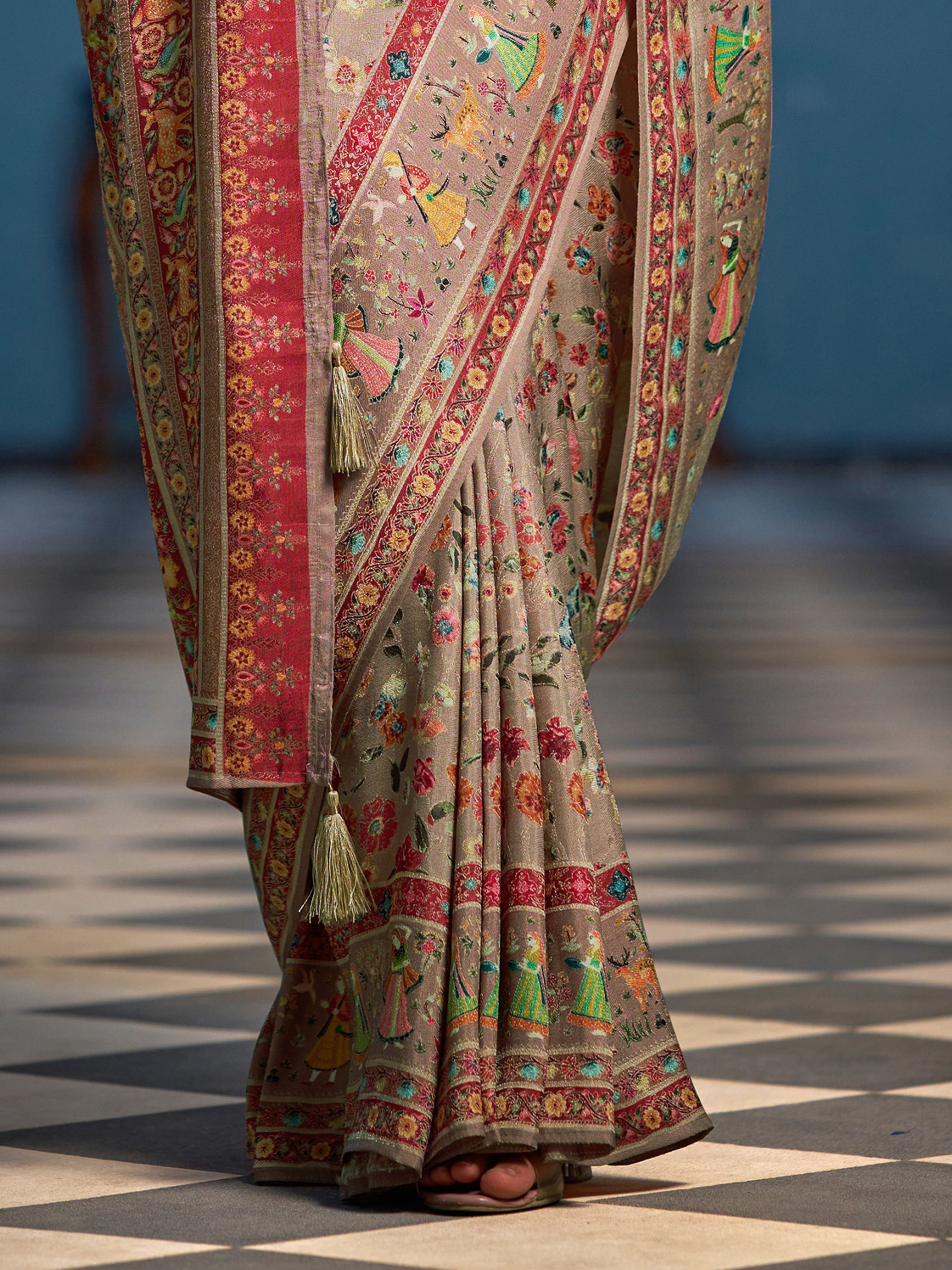 Light Brown Elegant Pashmina Kashmiri Jacquard Saree with Kalamkari & Meenakari Weaving