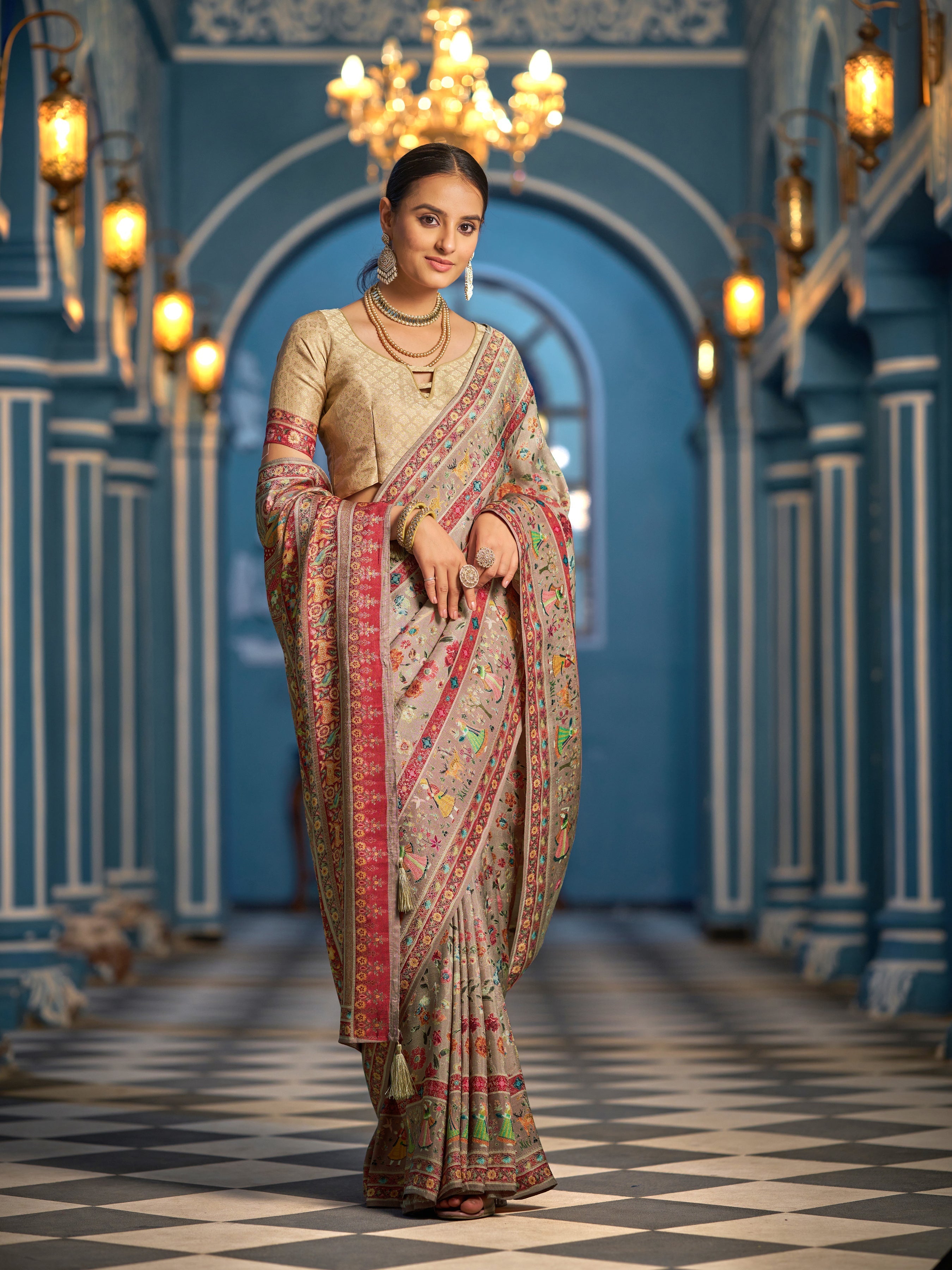 Light Brown Elegant Pashmina Kashmiri Jacquard Saree with Kalamkari & Meenakari Weaving