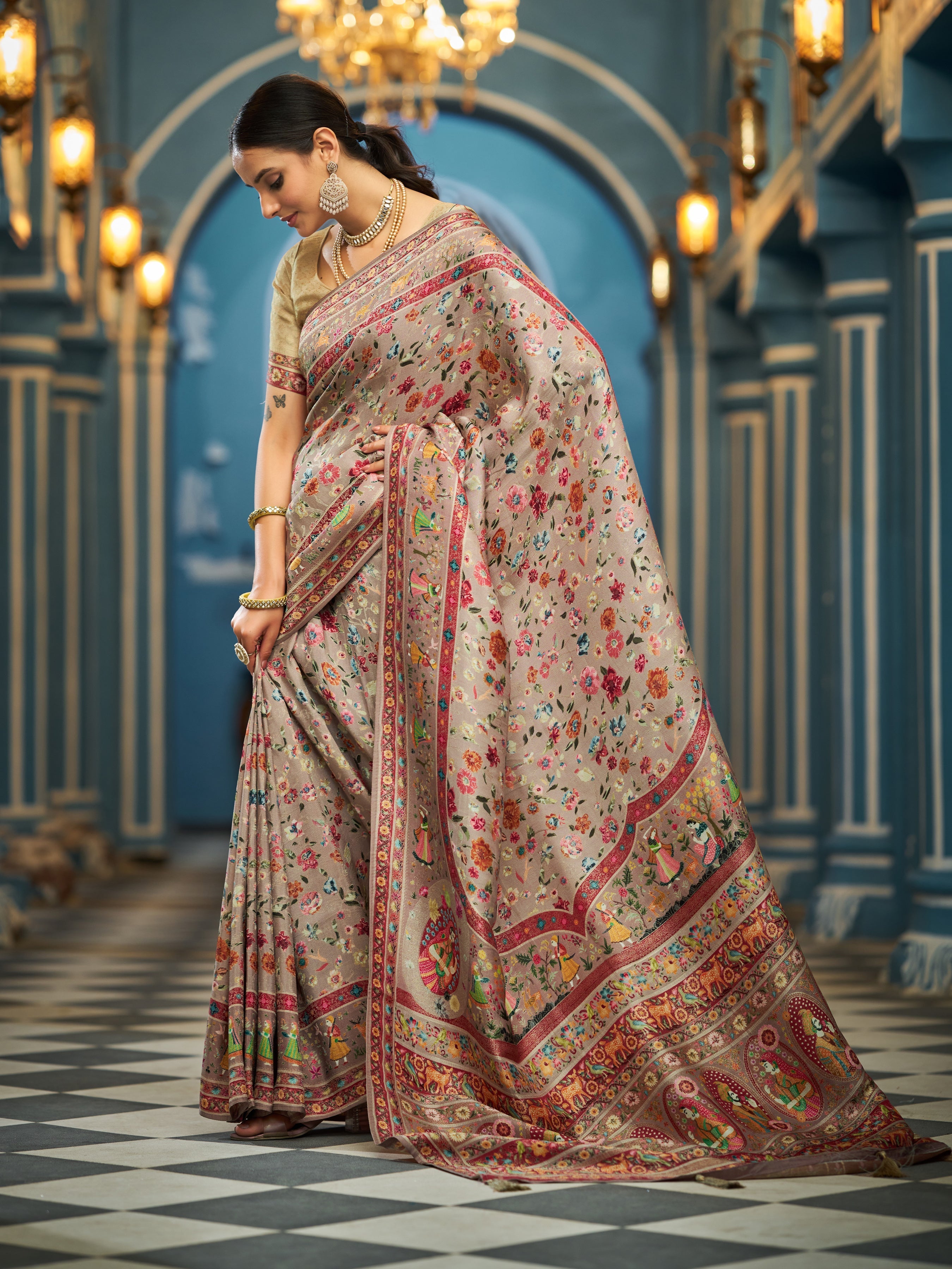Light Brown Elegant Pashmina Kashmiri Jacquard Saree with Kalamkari & Meenakari Weaving