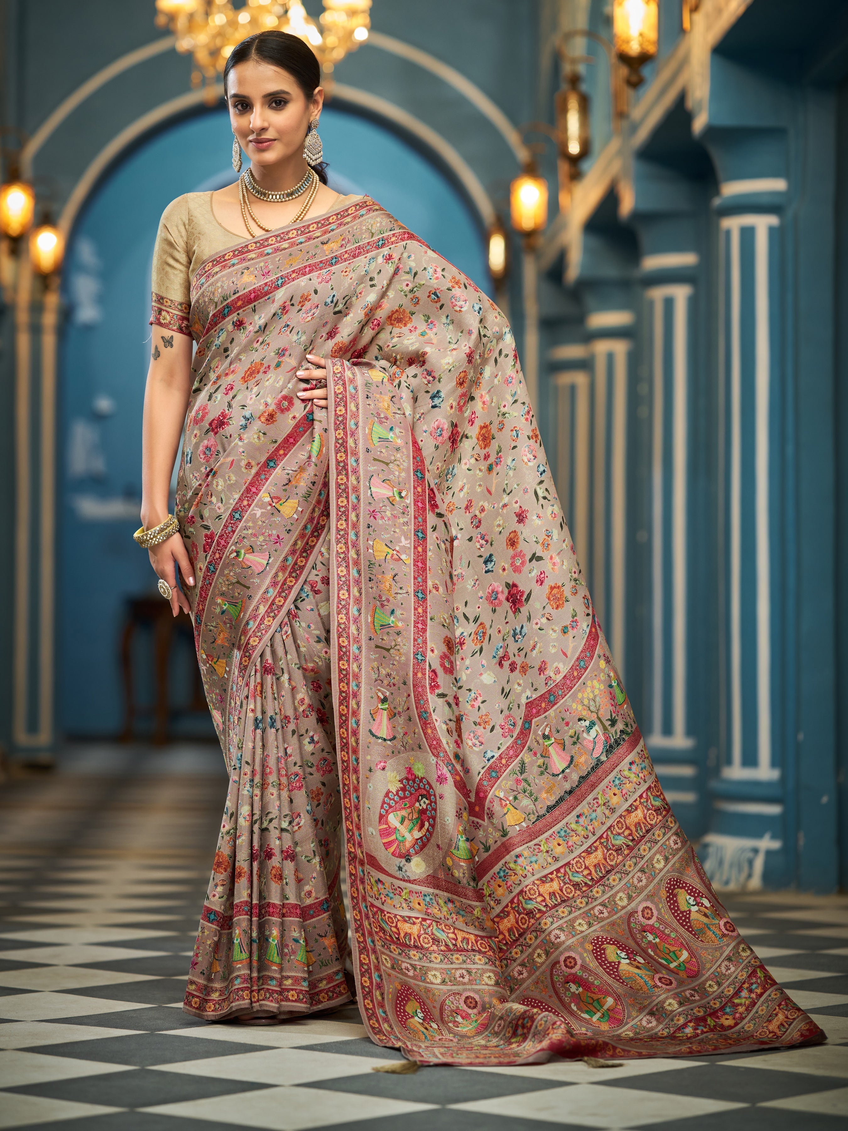 Light Brown Elegant Pashmina Kashmiri Jacquard Saree with Kalamkari & Meenakari Weaving