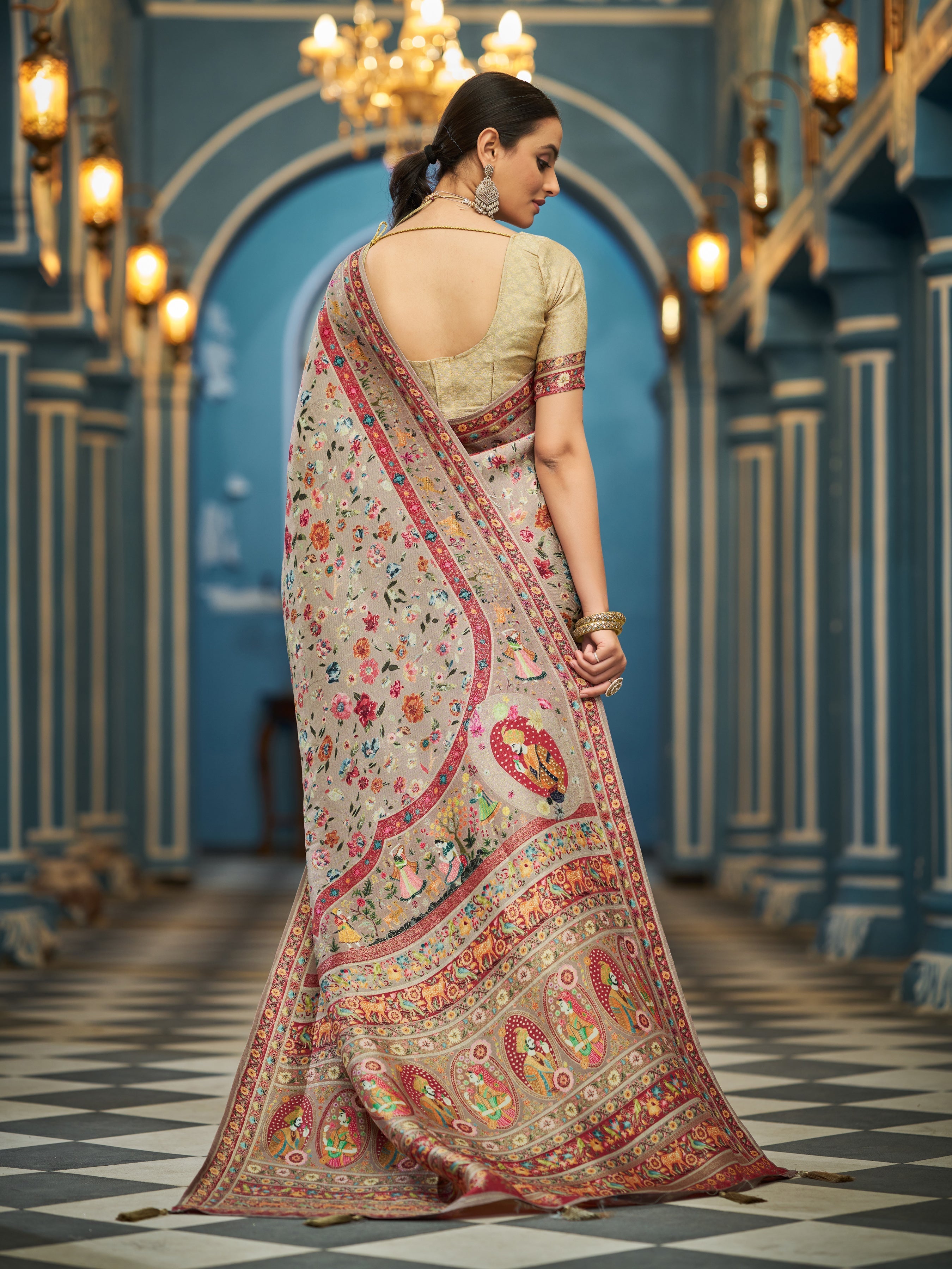 Light Brown Elegant Pashmina Kashmiri Jacquard Saree with Kalamkari & Meenakari Weaving