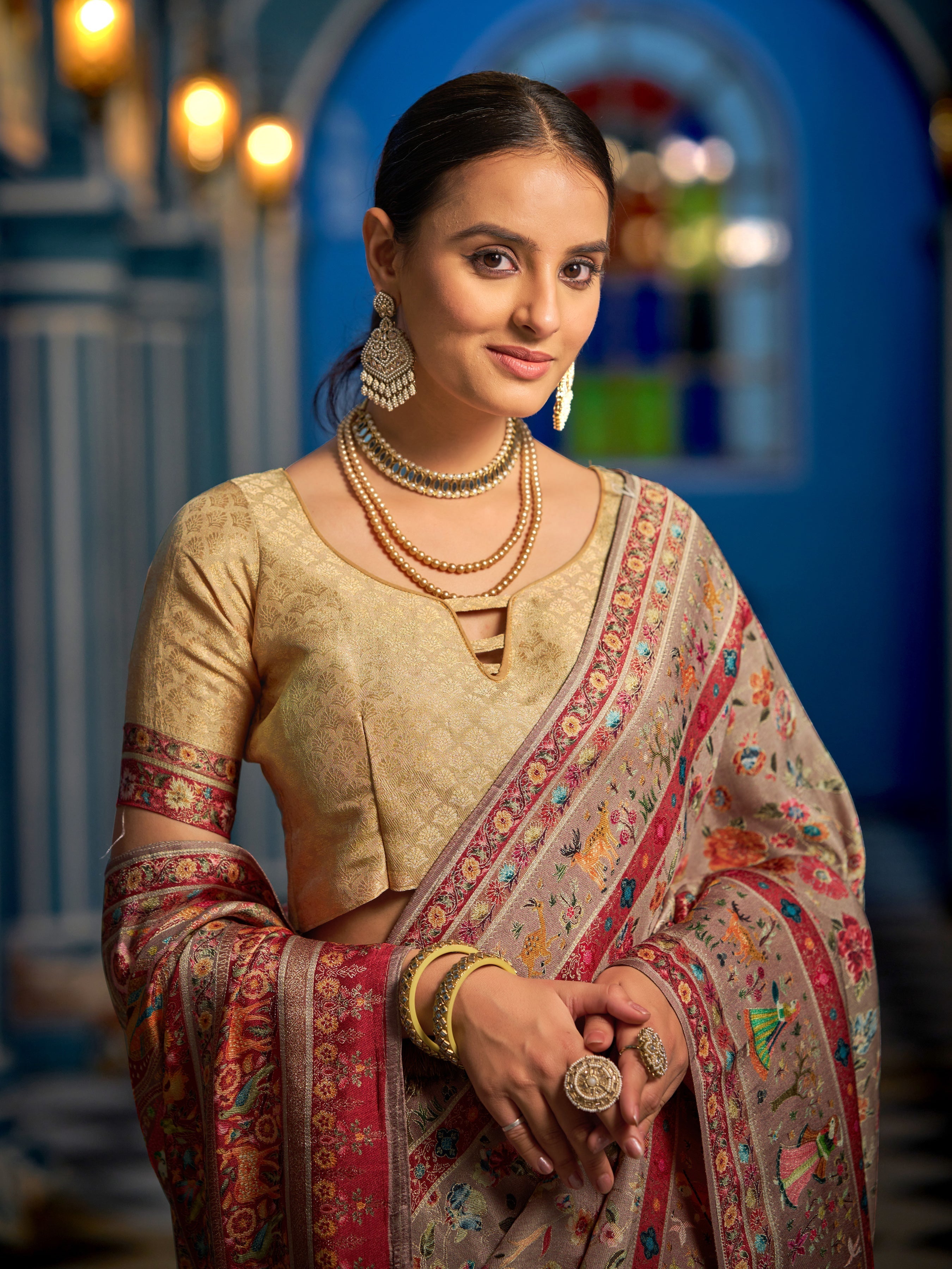 Light Brown Elegant Pashmina Kashmiri Jacquard Saree with Kalamkari & Meenakari Weaving