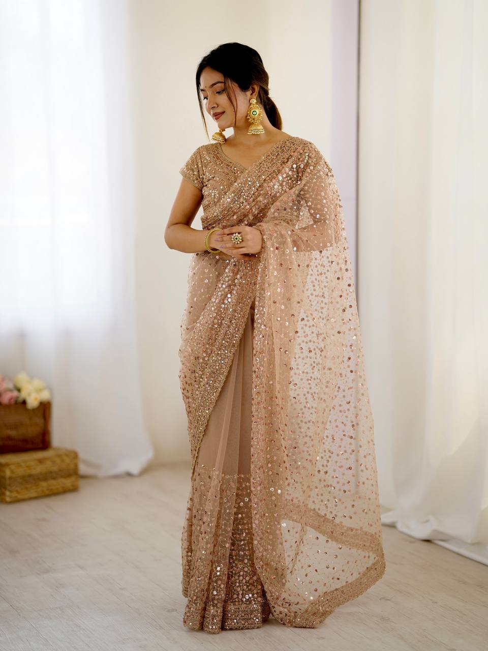 Light Brown Glitter Glamour and Everything in Between  Mesmerizing Net Saree Set