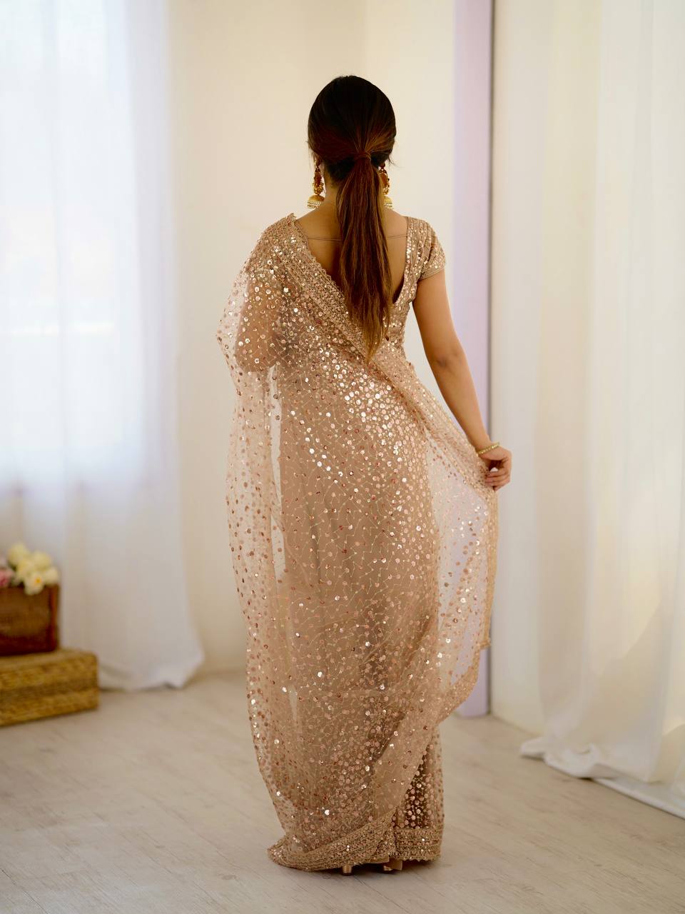 Light Brown Glitter Glamour and Everything in Between  Mesmerizing Net Saree Set