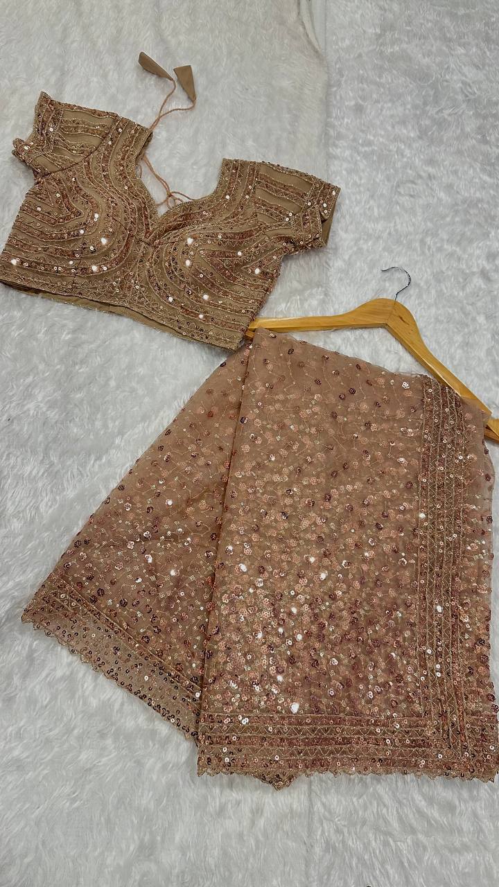 Light Brown Glitter Glamour and Everything in Between  Mesmerizing Net Saree Set