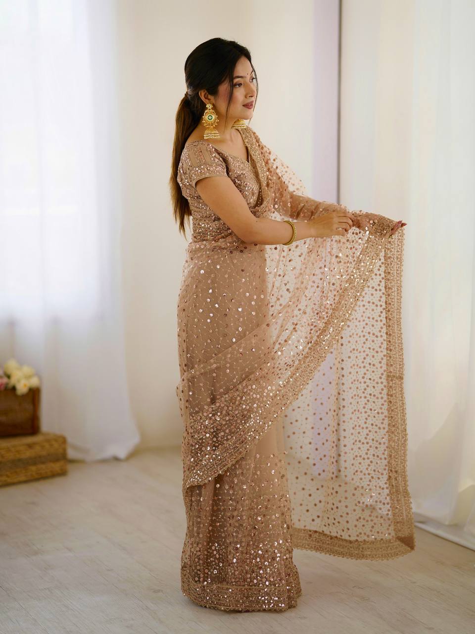 Light Brown Glitter Glamour and Everything in Between  Mesmerizing Net Saree Set