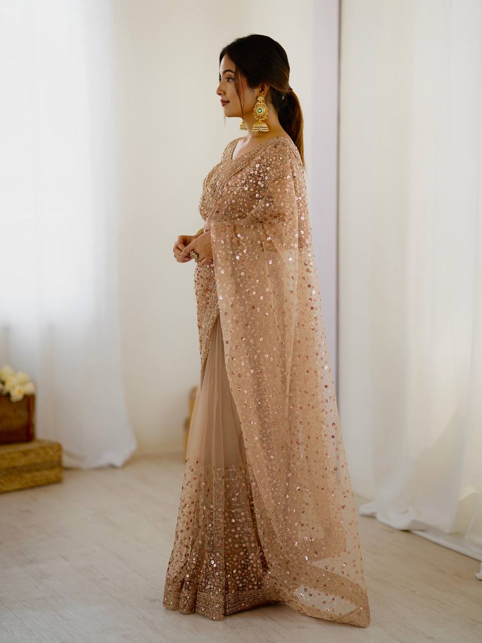 Light Brown Glitter Glamour and Everything in Between  Mesmerizing Net Saree Set