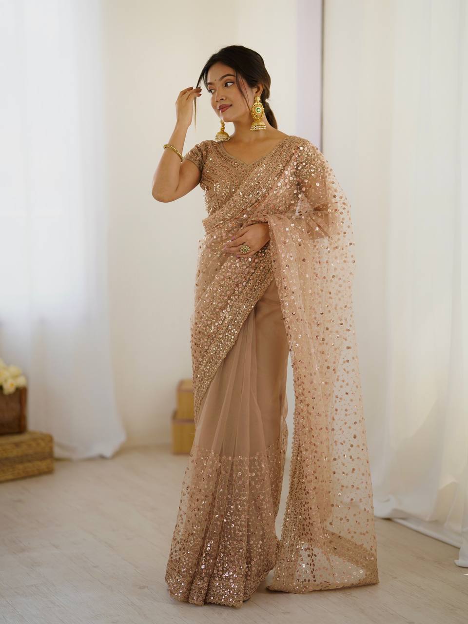 Light Brown Glitter Glamour and Everything in Between  Mesmerizing Net Saree Set