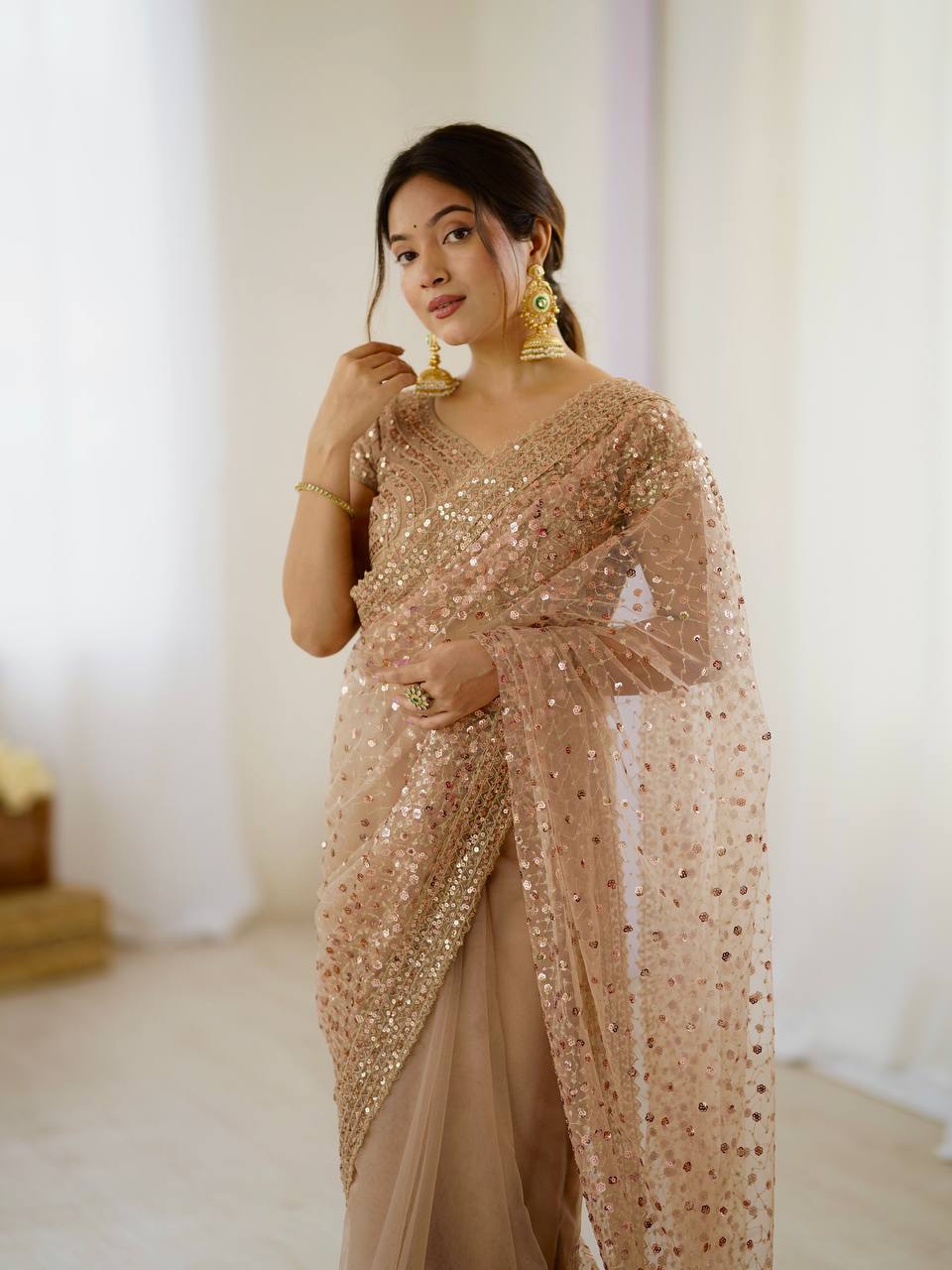 Light Brown Glitter Glamour and Everything in Between  Mesmerizing Net Saree Set
