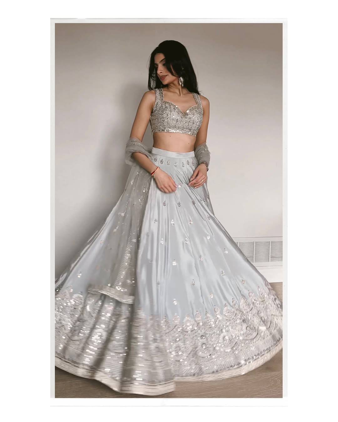 Light Gray Satin Silk Sequins Embroidered Lehenga Choli Set with 3.5-Meter Flair & Net Dupatta