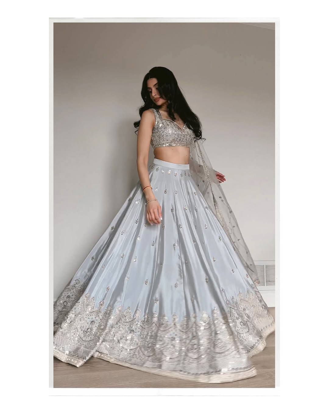Light Gray Satin Silk Sequins Embroidered Lehenga Choli Set with 3.5-Meter Flair & Net Dupatta