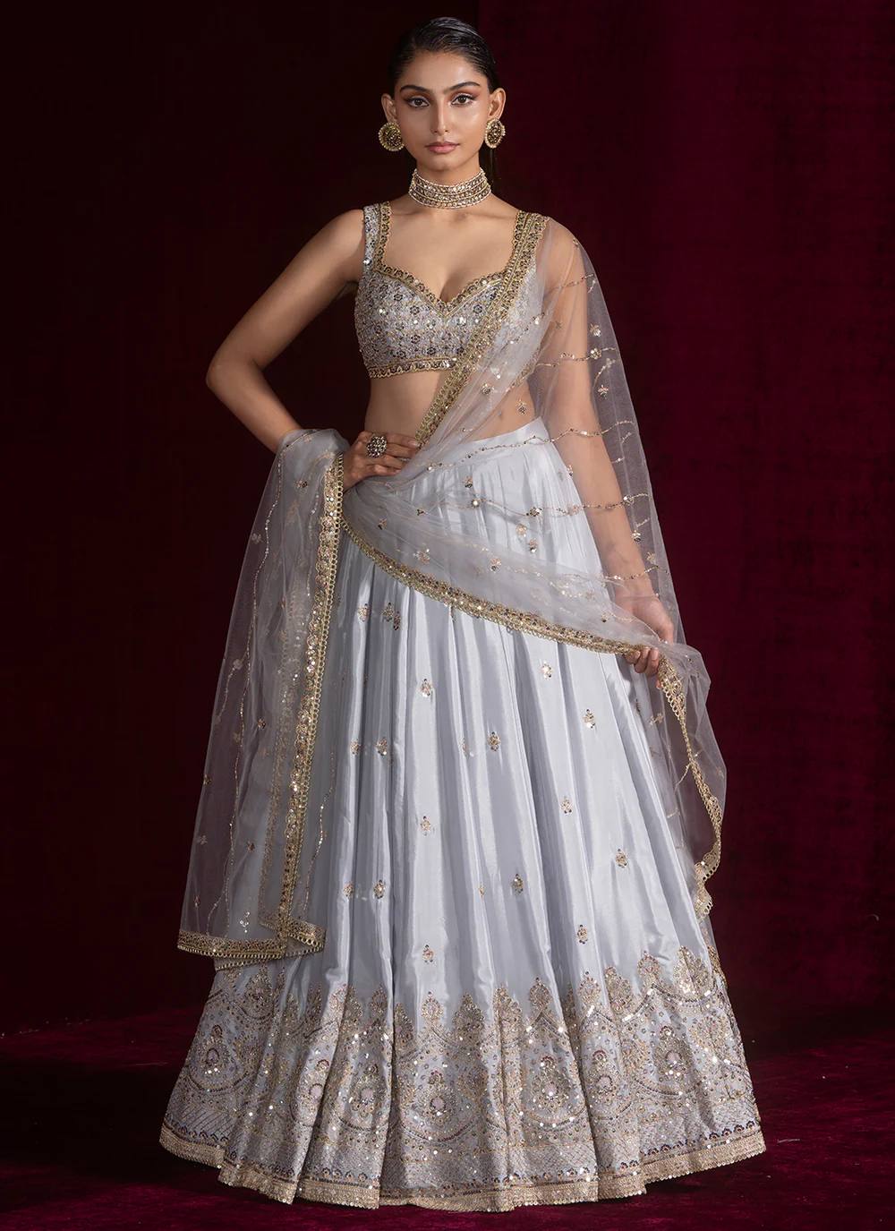 Light Gray Satin Silk Sequins Embroidered Lehenga Choli Set with 3.5-Meter Flair & Net Dupatta