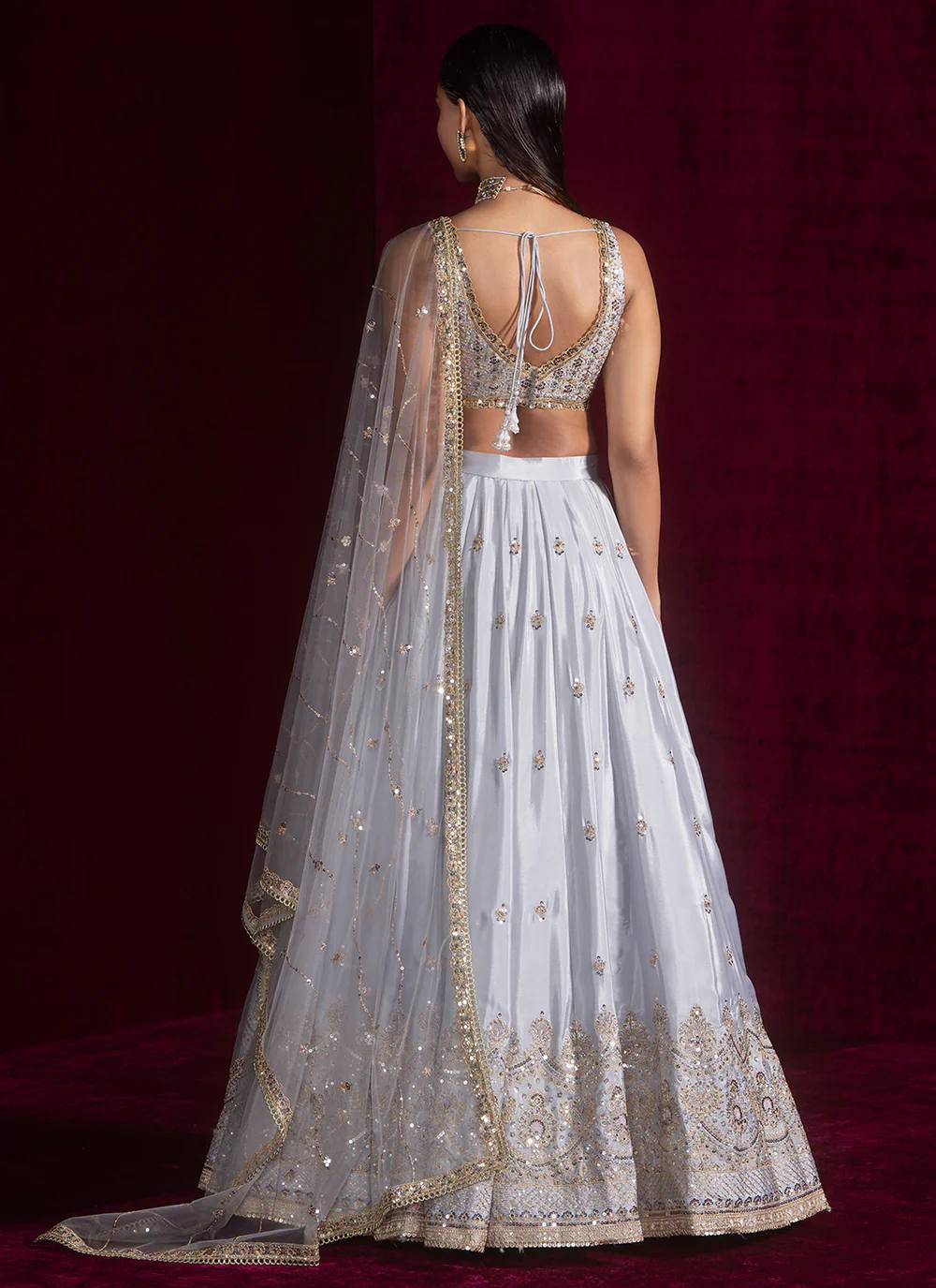 Light Gray Satin Silk Sequins Embroidered Lehenga Choli Set with 3.5-Meter Flair & Net Dupatta