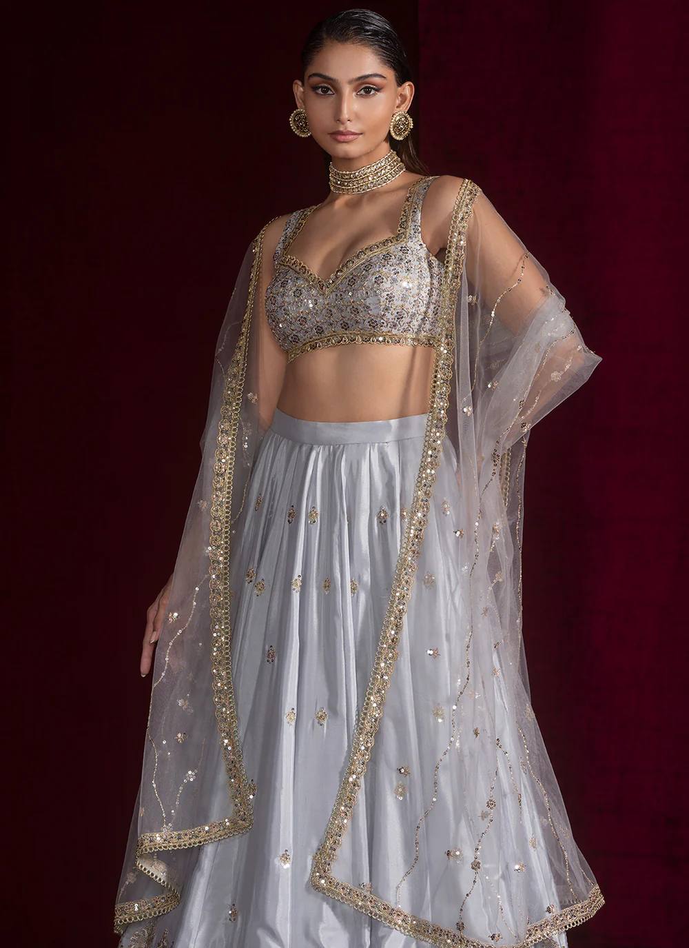 Light Gray Satin Silk Sequins Embroidered Lehenga Choli Set with 3.5-Meter Flair & Net Dupatta