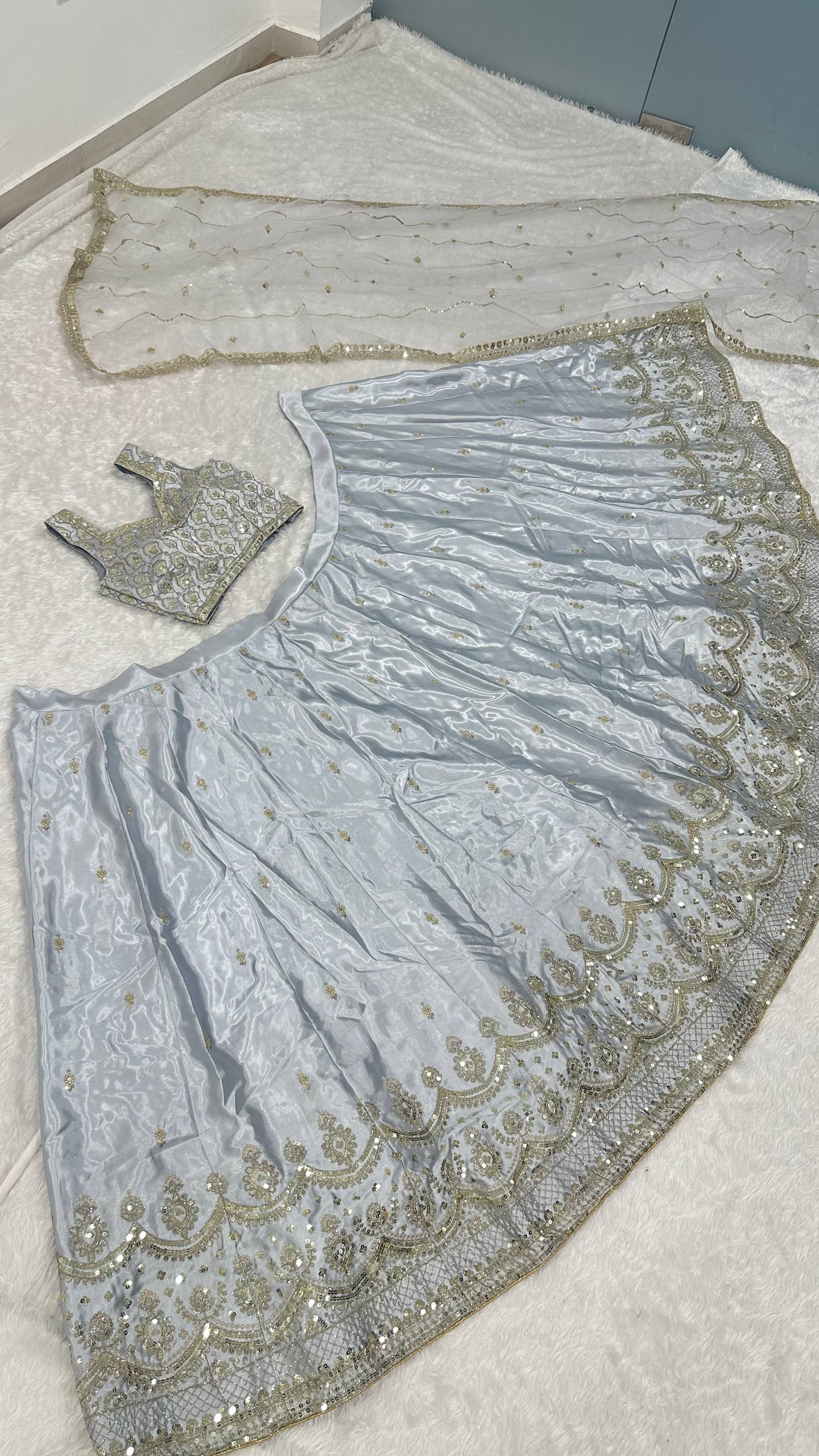 Light Gray Satin Silk Sequins Embroidered Lehenga Choli Set with 3.5-Meter Flair & Net Dupatta