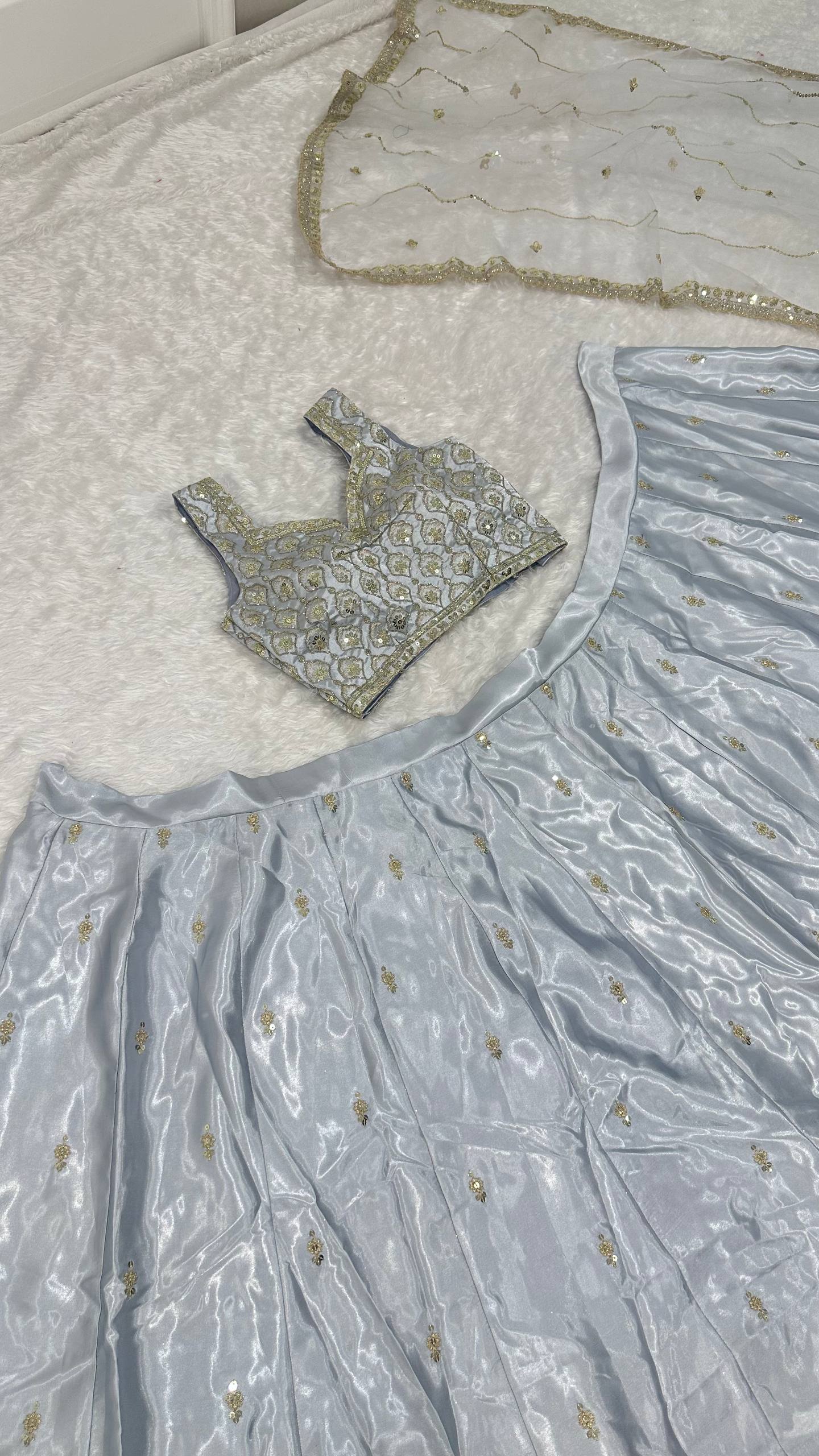 Light Gray Satin Silk Sequins Embroidered Lehenga Choli Set with 3.5-Meter Flair & Net Dupatta
