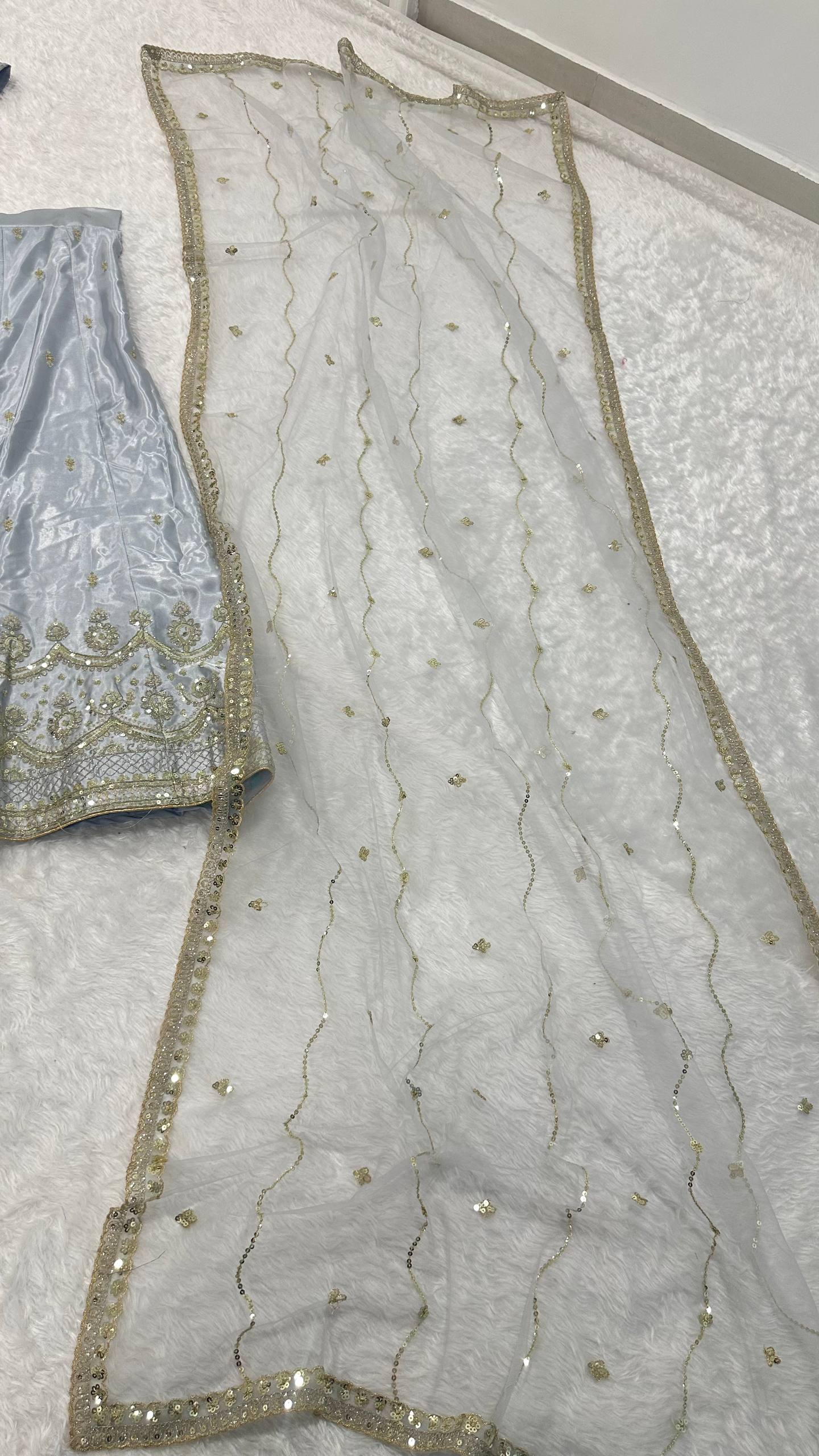 Light Gray Satin Silk Sequins Embroidered Lehenga Choli Set with 3.5-Meter Flair & Net Dupatta