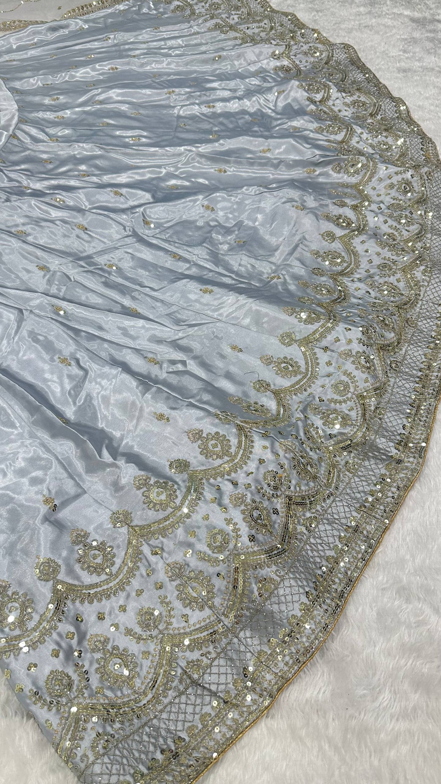 Light Gray Satin Silk Sequins Embroidered Lehenga Choli Set with 3.5-Meter Flair & Net Dupatta