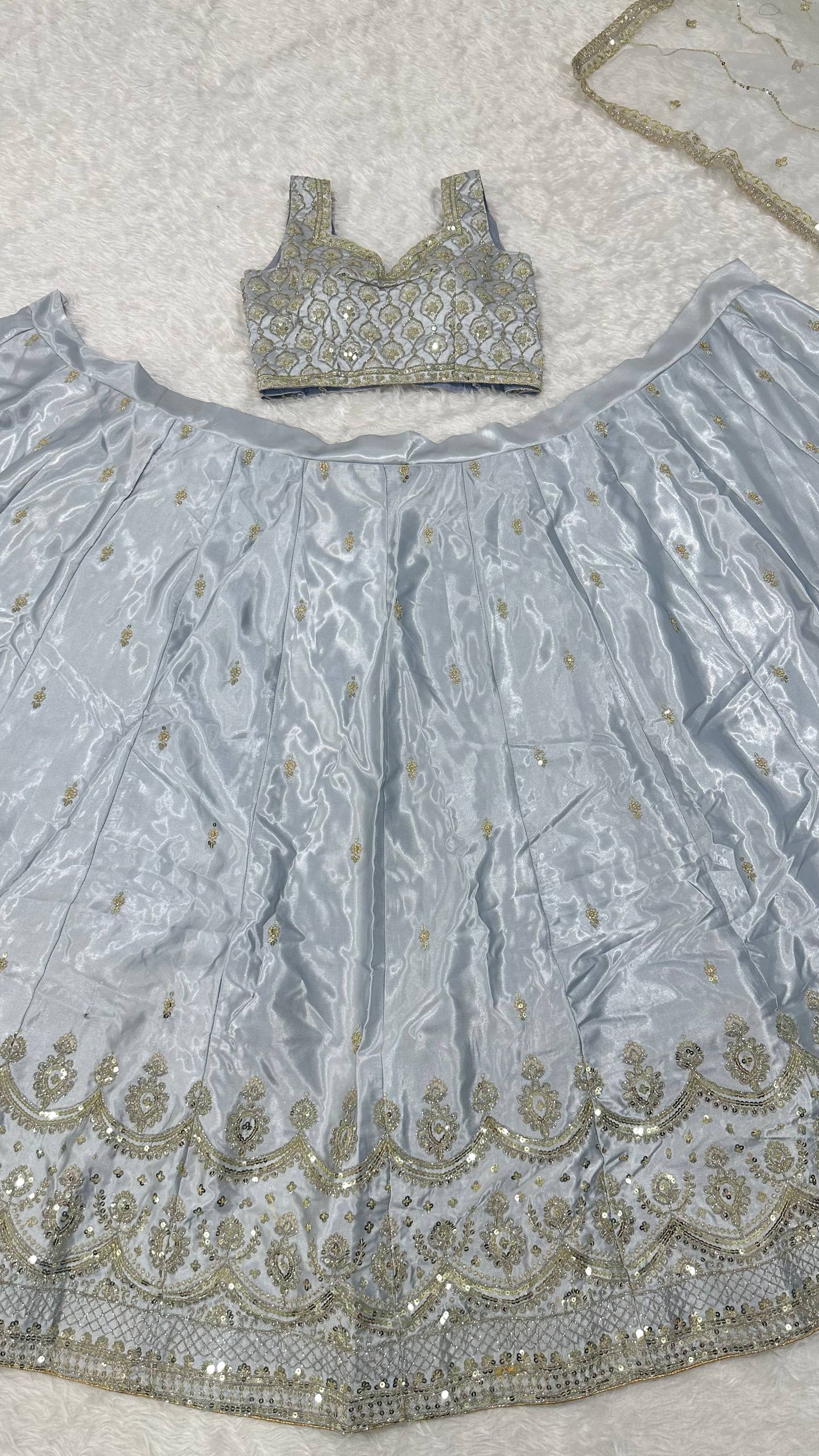 Light Gray Satin Silk Sequins Embroidered Lehenga Choli Set with 3.5-Meter Flair & Net Dupatta