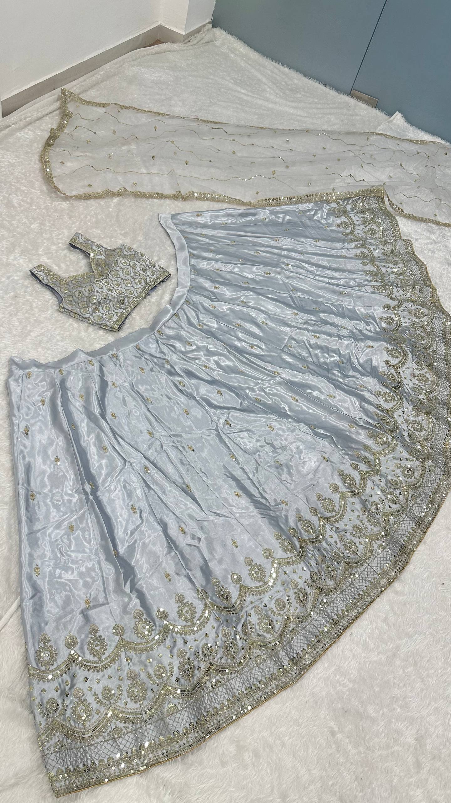 Light Gray Satin Silk Sequins Embroidered Lehenga Choli Set with 3.5-Meter Flair & Net Dupatta
