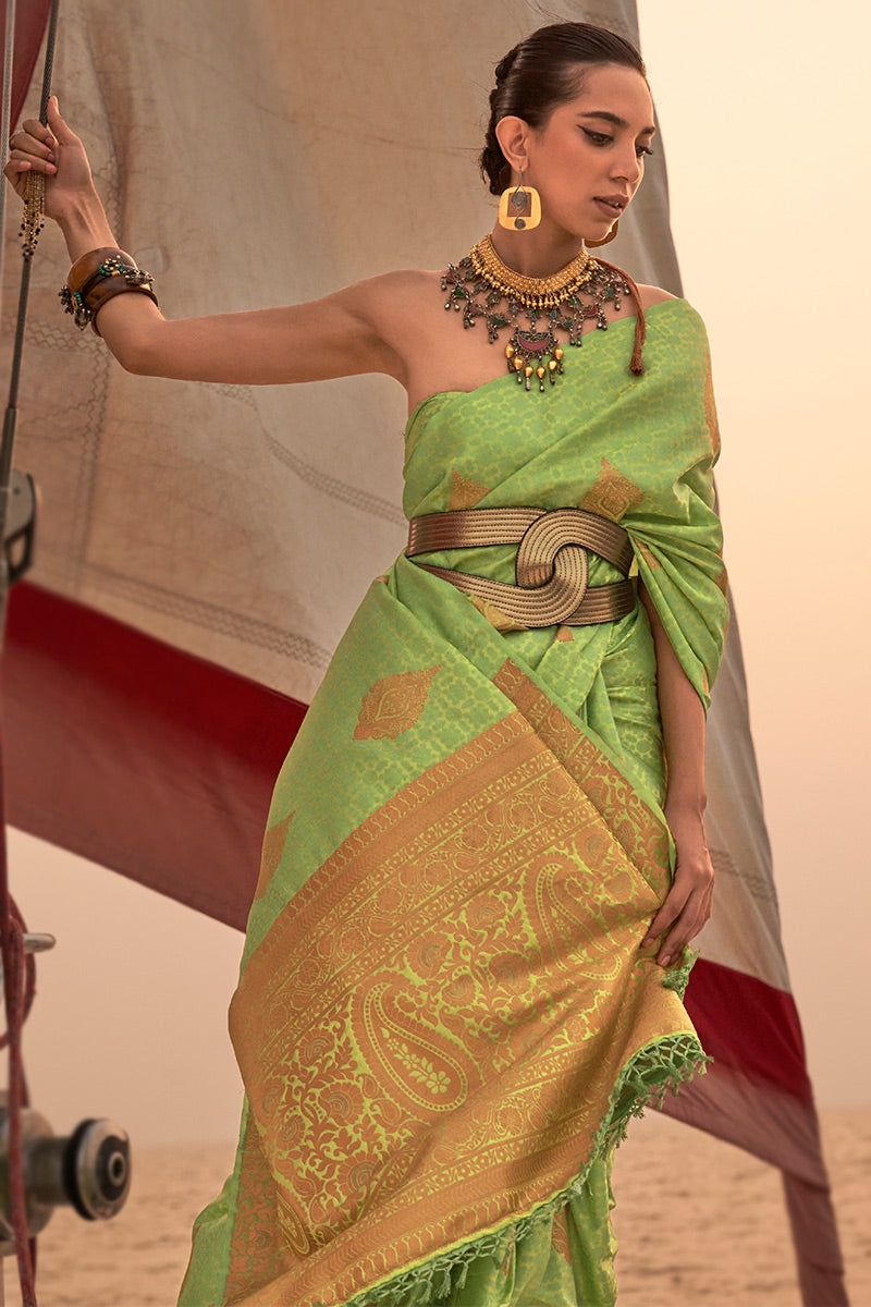 Light Green Graceful Silk Blend Kanjivaram Saree with Tassel Detailing