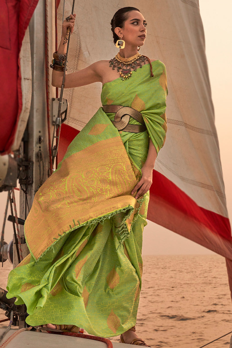 Light Green Graceful Silk Blend Kanjivaram Saree with Tassel Detailing