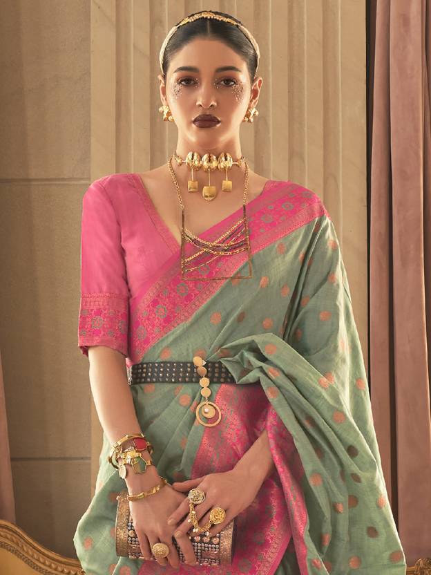 Light Green Graceful Woven Banarasi Silk Blend Saree with Tassel Detailing