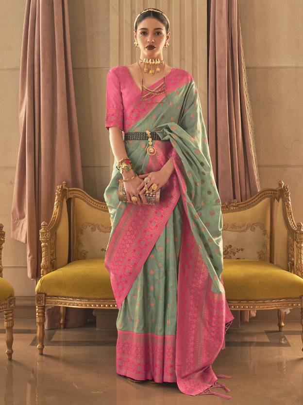 Light Green Graceful Woven Banarasi Silk Blend Saree with Tassel Detailing