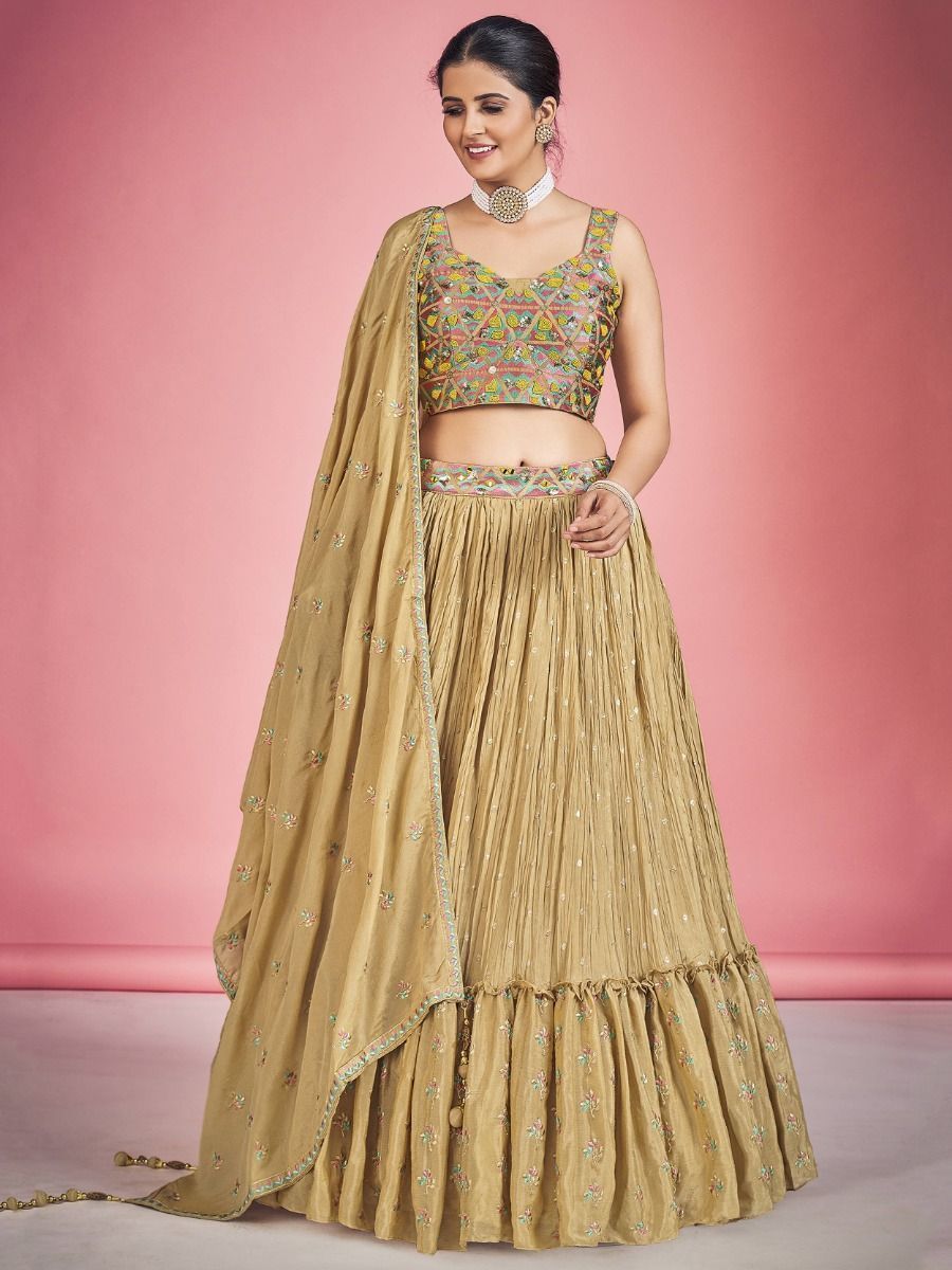 Light Orange Pakistani Georgette Lehenga Choli For Indian Festivals & Weddings - Thread Embroidery Work, Mirror Work