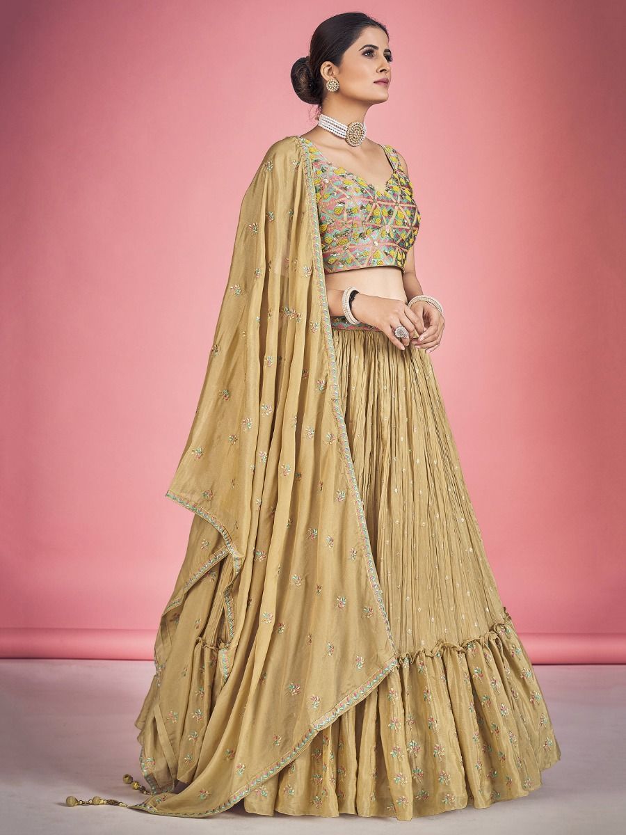 Light Orange Pakistani Georgette Lehenga Choli For Indian Festivals & Weddings - Thread Embroidery Work, Mirror Work