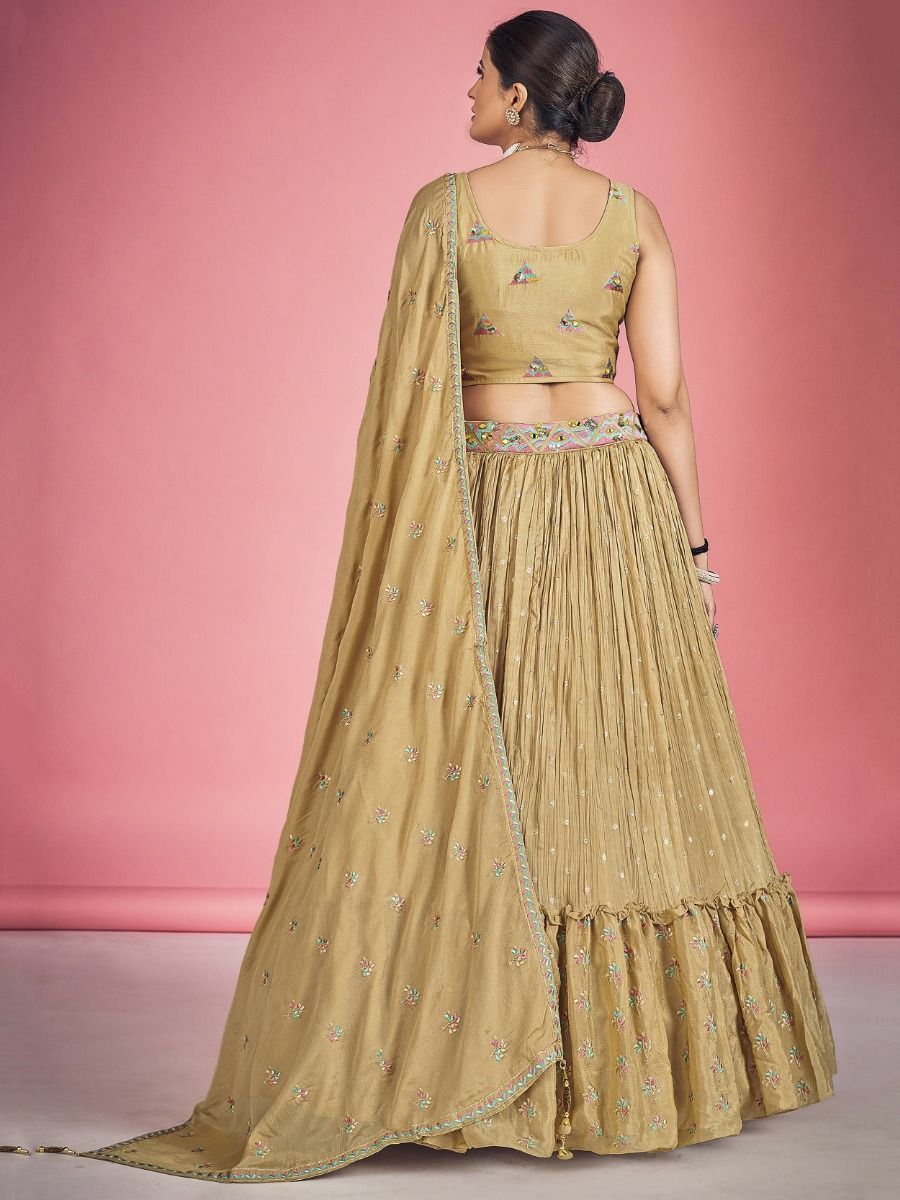 Light Orange Pakistani Georgette Lehenga Choli For Indian Festivals & Weddings - Thread Embroidery Work, Mirror Work