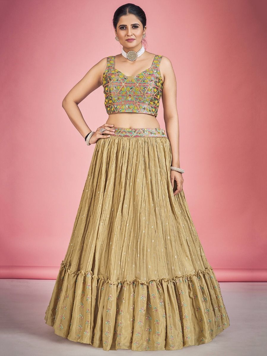 Light Orange Pakistani Georgette Lehenga Choli For Indian Festivals & Weddings - Thread Embroidery Work, Mirror Work