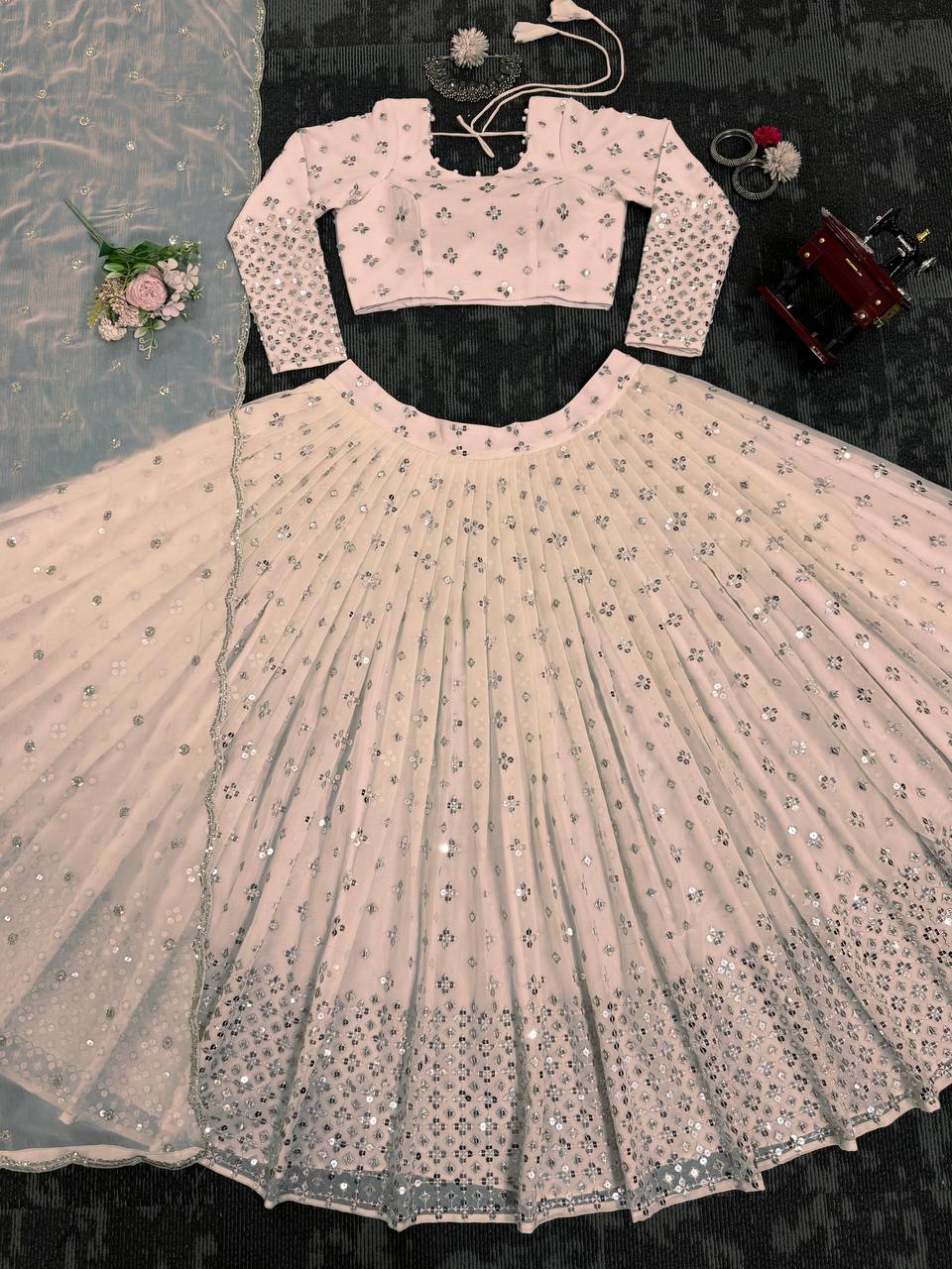 Light Pink Designer Faux Georgette Semi-Stitched Lehenga Set with 9mm Sequin Embroidery & Cutwork Dupatta