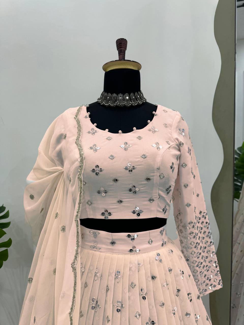 Light Pink Designer Faux Georgette Semi-Stitched Lehenga Set with 9mm Sequin Embroidery & Cutwork Dupatta